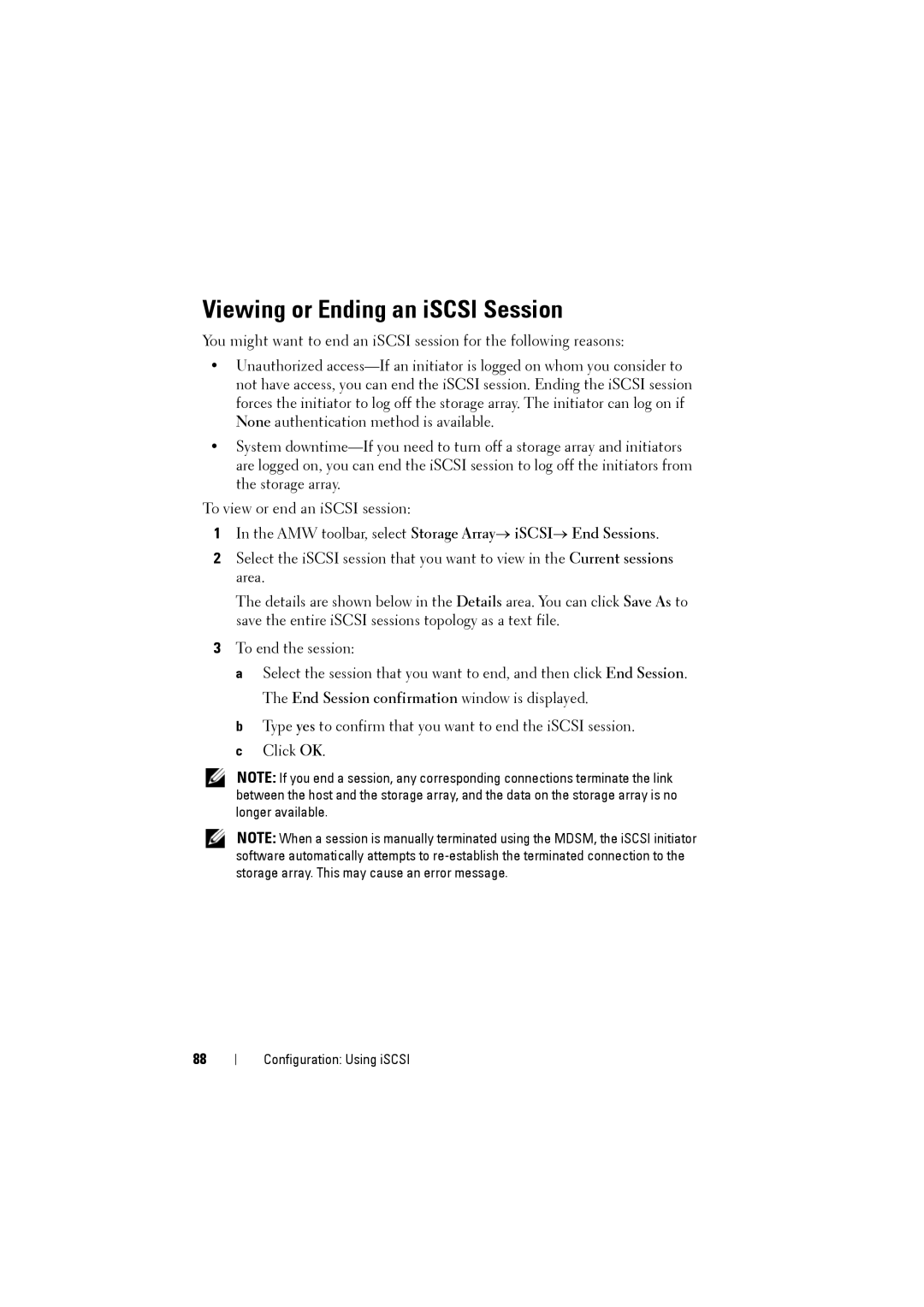 Dell MD3220i, MD3200i owner manual Viewing or Ending an iSCSI Session 