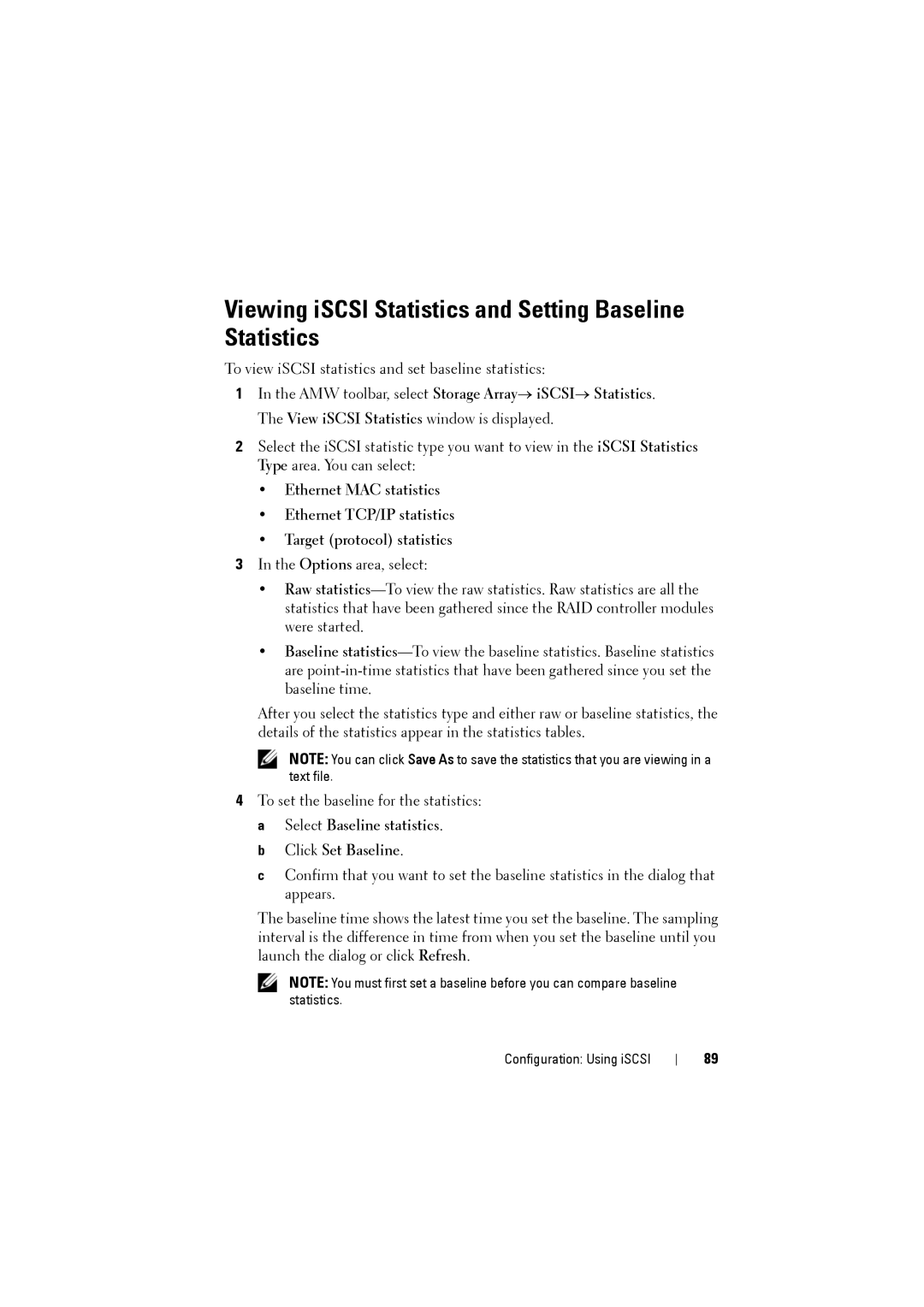 Dell MD3200i, MD3220i owner manual Viewing iSCSI Statistics and Setting Baseline Statistics, Click Set Baseline 