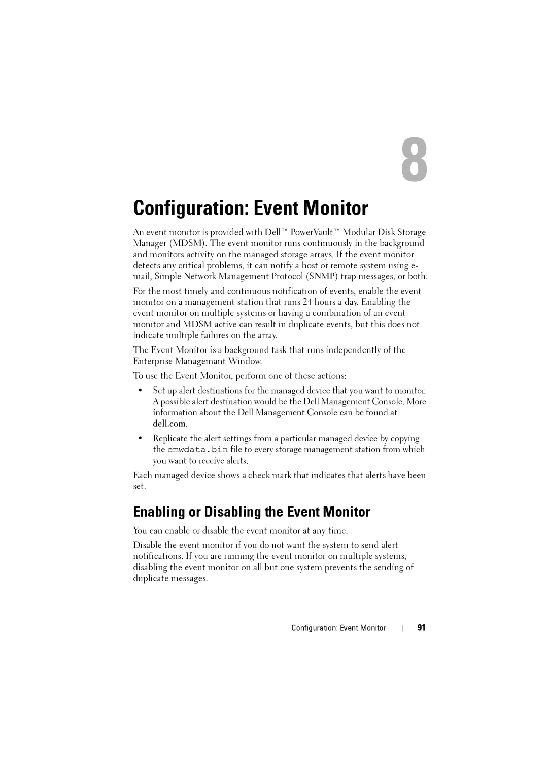 Dell MD3200i, MD3220i owner manual Configuration Event Monitor, Enabling or Disabling the Event Monitor 