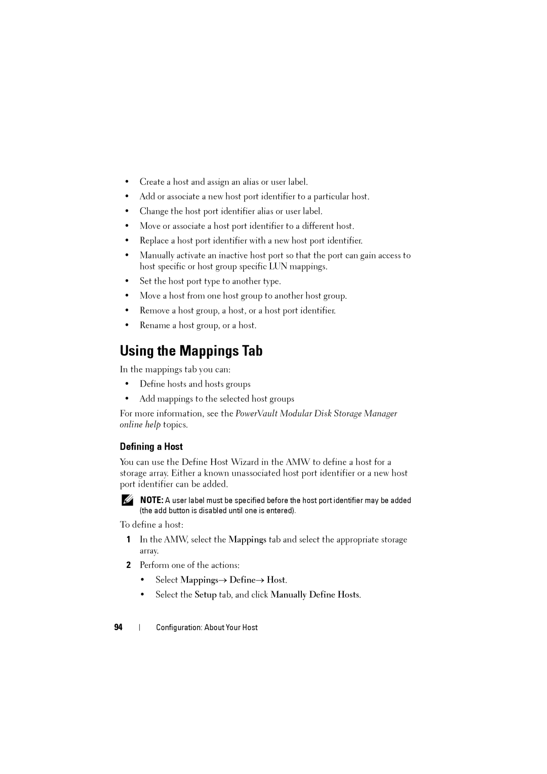 Dell MD3220i, MD3200i owner manual Using the Mappings Tab, Defining a Host, Select Mappings→ Define→ Host 