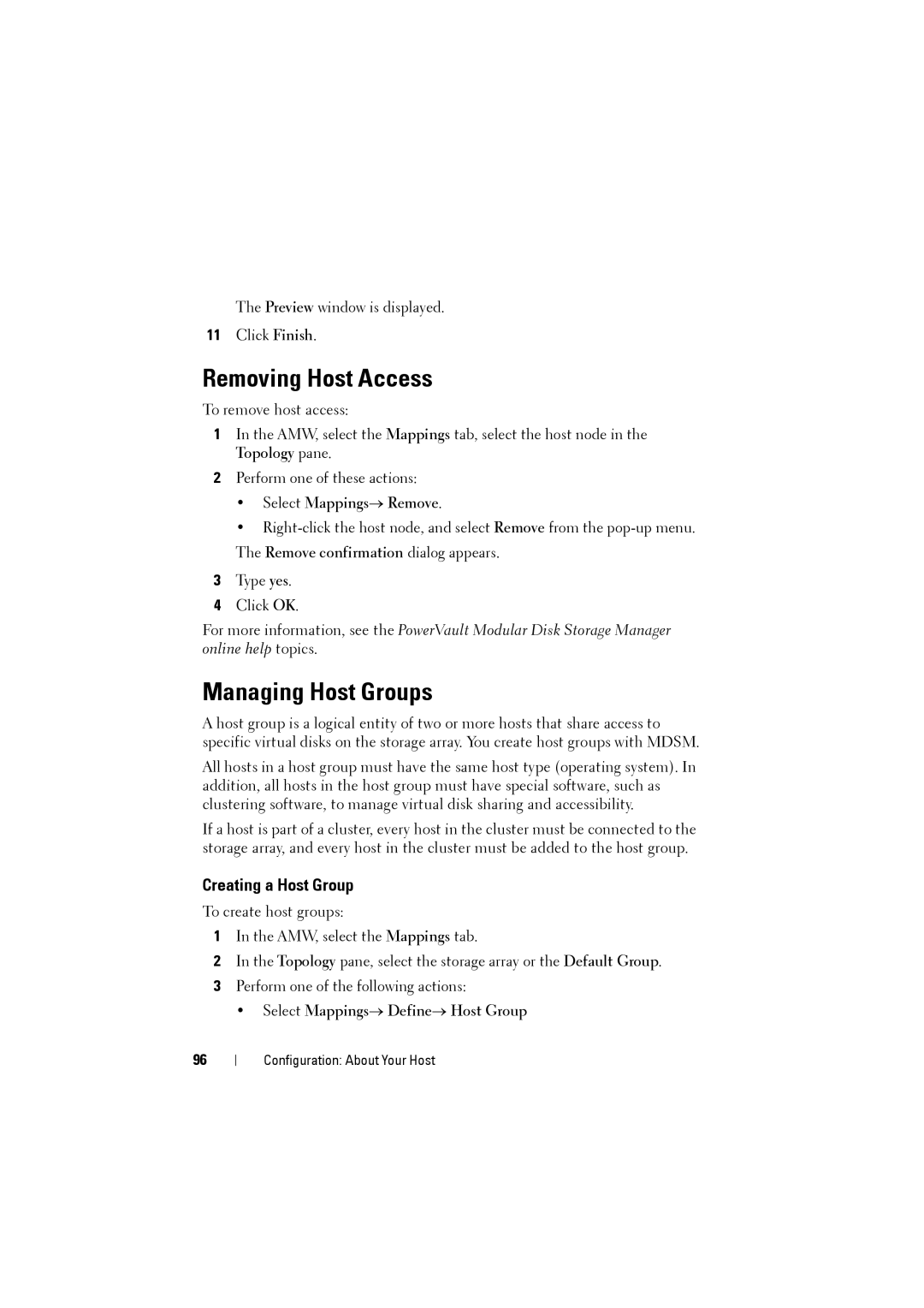 Dell MD3220i, MD3200i Removing Host Access, Managing Host Groups, Creating a Host Group, Select Mappings→ Remove 