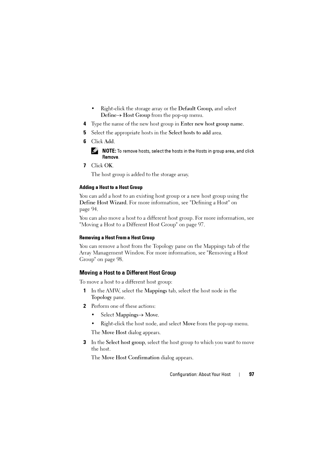 Dell MD3200i Moving a Host to a Different Host Group, Adding a Host to a Host Group, Removing a Host From a Host Group 