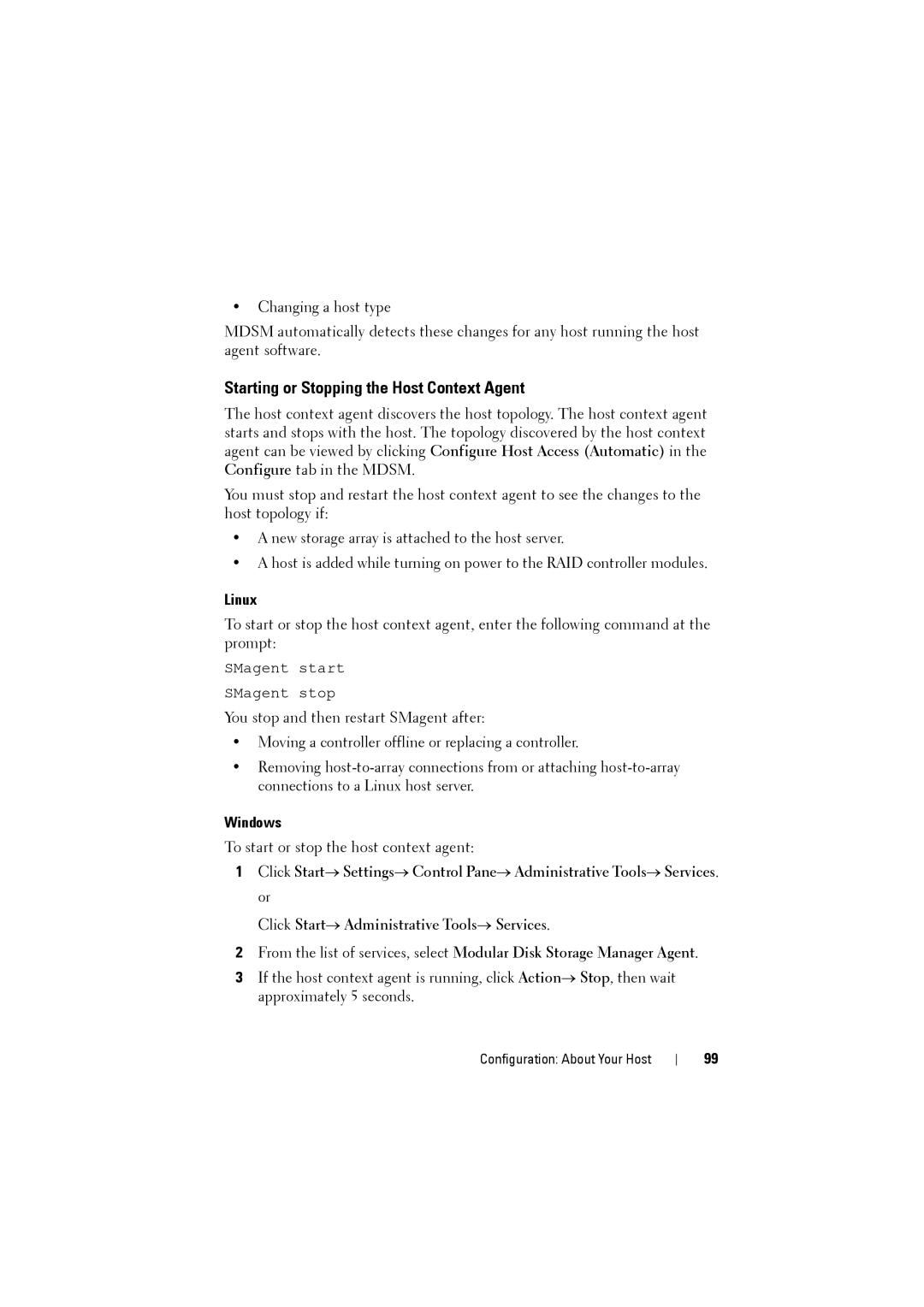 Dell MD3200i, MD3220i owner manual Starting or Stopping the Host Context Agent, Linux, Windows 