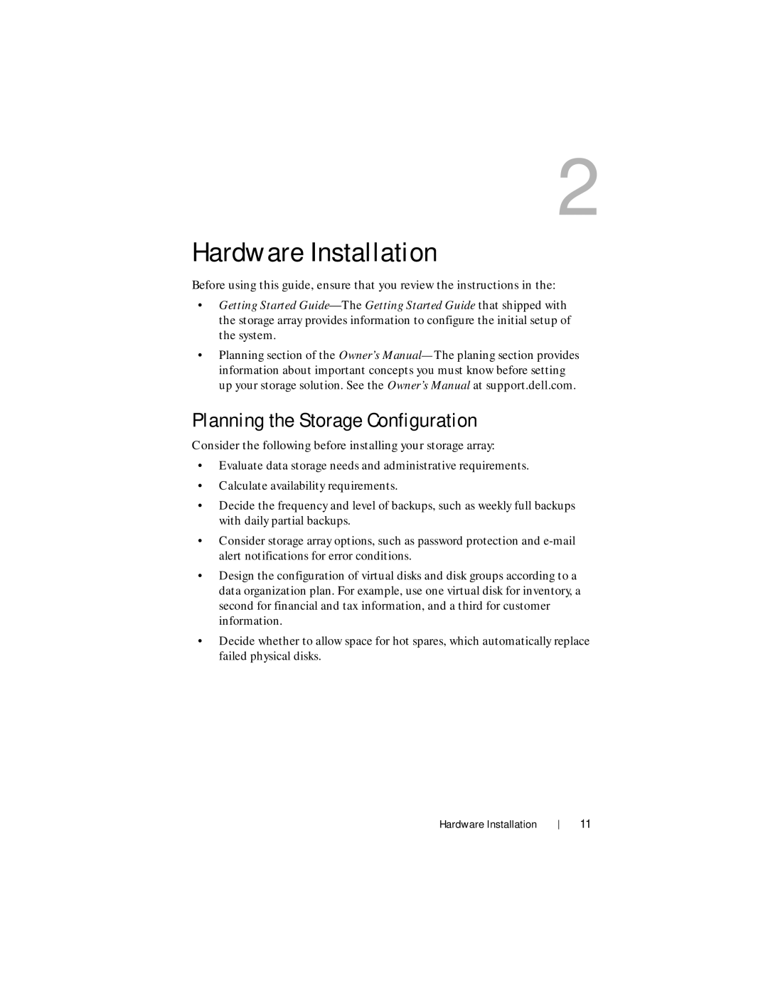 Dell MD3200i, MD3220i manual Hardware Installation, Planning the Storage Configuration 