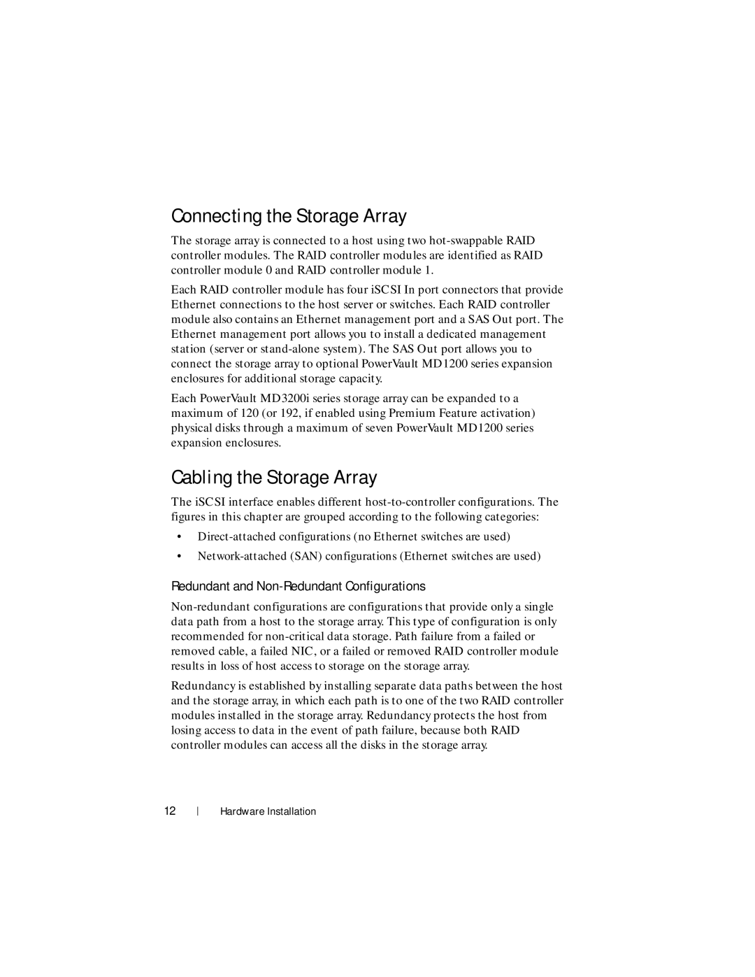 Dell MD3220i, MD3200i Connecting the Storage Array, Cabling the Storage Array, Redundant and Non-Redundant Configurations 