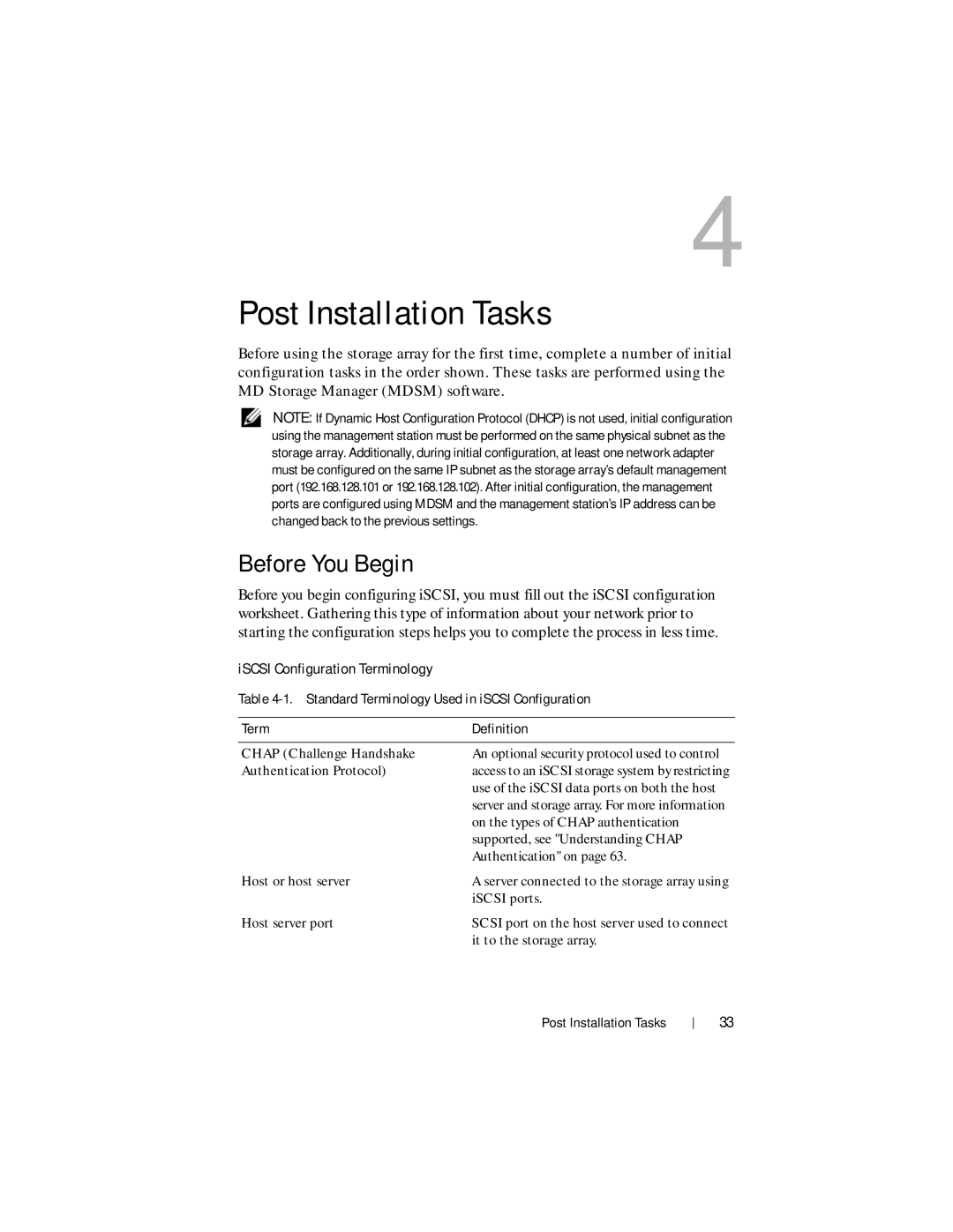 Dell MD3200i manual Post Installation Tasks, Before You Begin, Standard Terminology Used in iSCSI Configuration Definition 