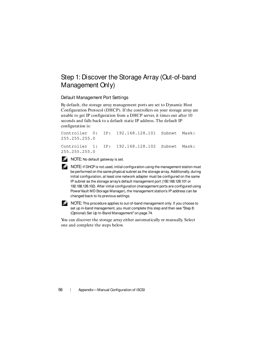 Dell MD3220i, MD3200i manual Discover the Storage Array Out-of-band Management Only, Default Management Port Settings 