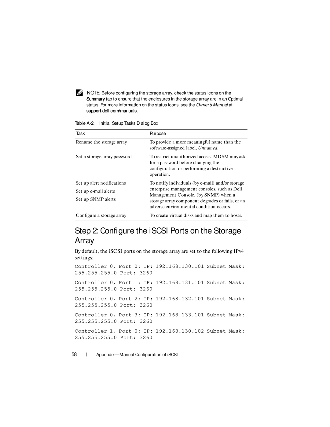 Dell MD3220i, MD3200i Configure the iSCSI Ports on the Storage Array, Table A-2. Initial Setup Tasks Dialog Box Purpose 