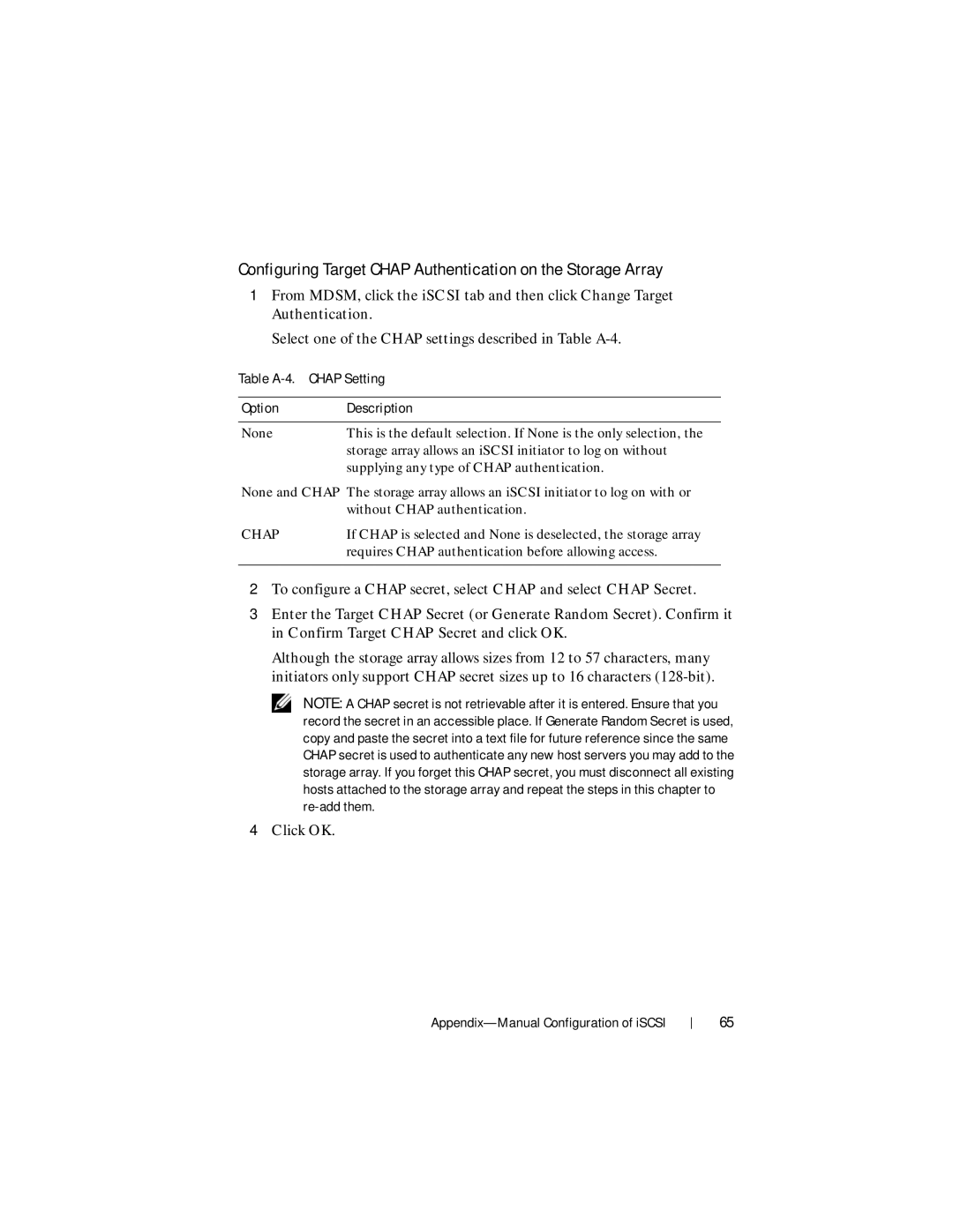 Dell MD3200i manual Configuring Target Chap Authentication on the Storage Array, Table A-4. Chap Setting Option Description 