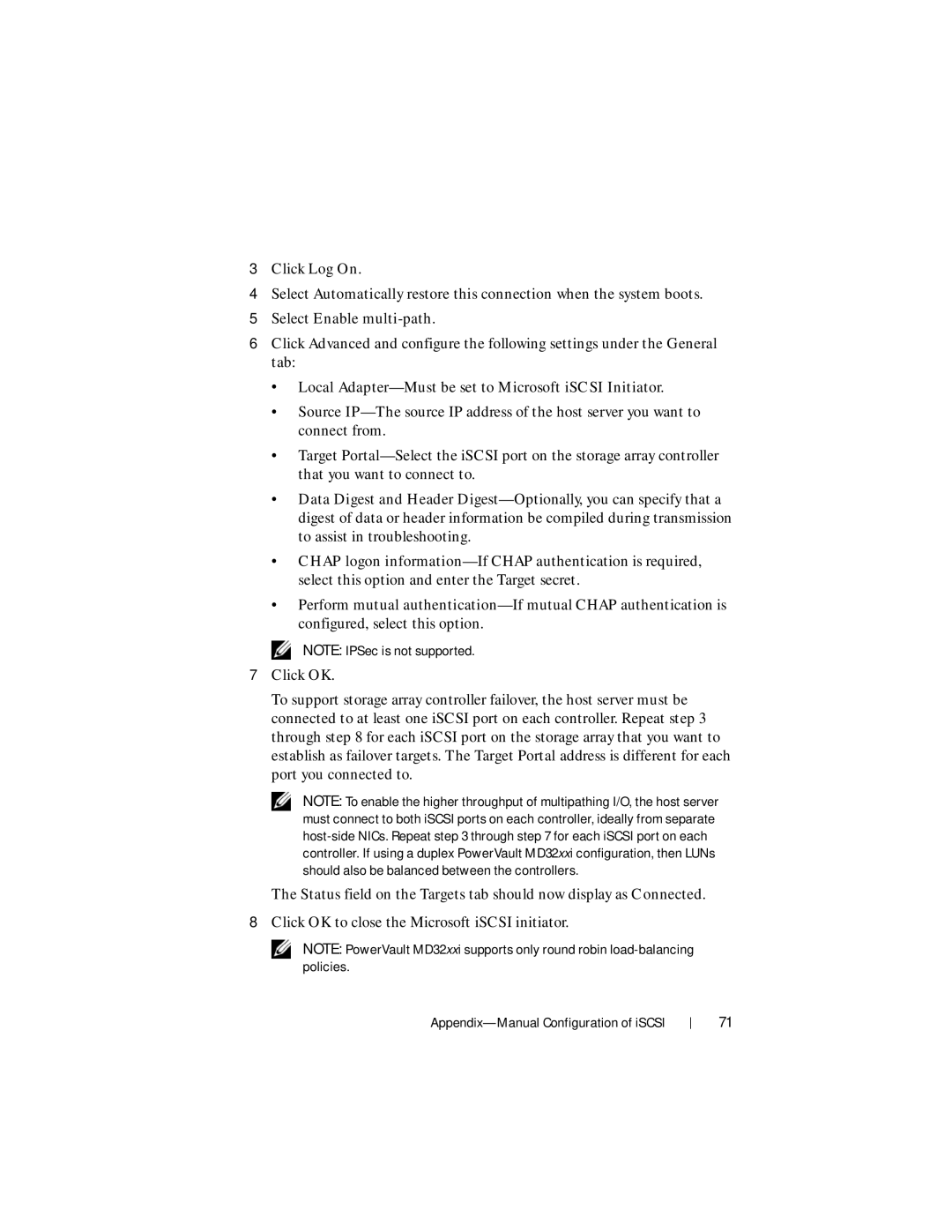 Dell MD3200i, MD3220i manual Local Adapter-Must be set to Microsoft iSCSI Initiator 