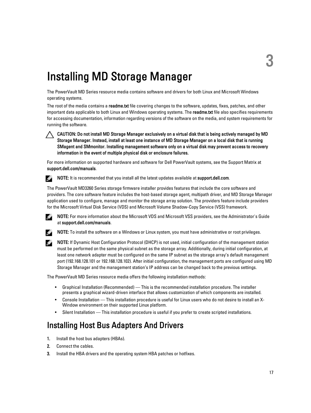 Dell MD3260 manual Installing MD Storage Manager, Installing Host Bus Adapters And Drivers 