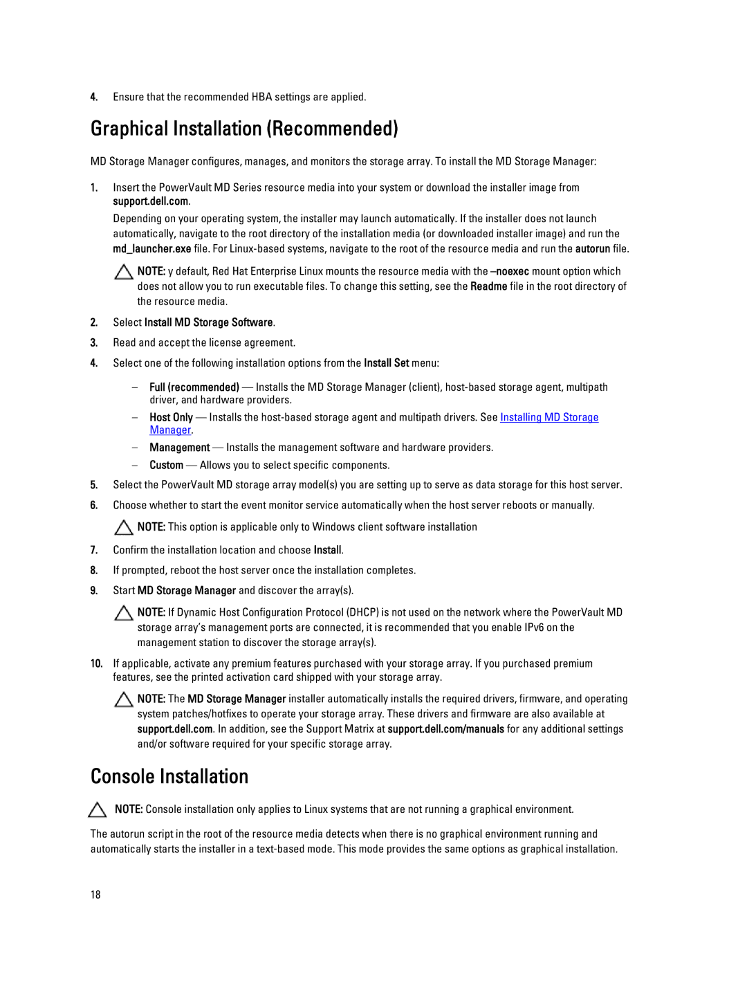 Dell MD3260 manual Graphical Installation Recommended, Console Installation, Select Install MD Storage Software 