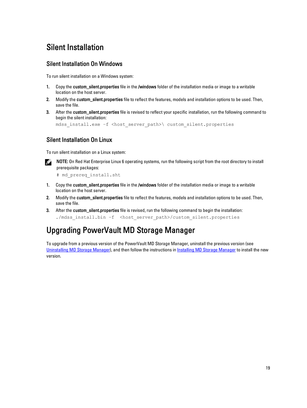 Dell MD3260 Upgrading PowerVault MD Storage Manager, Silent Installation On Windows, Silent Installation On Linux 