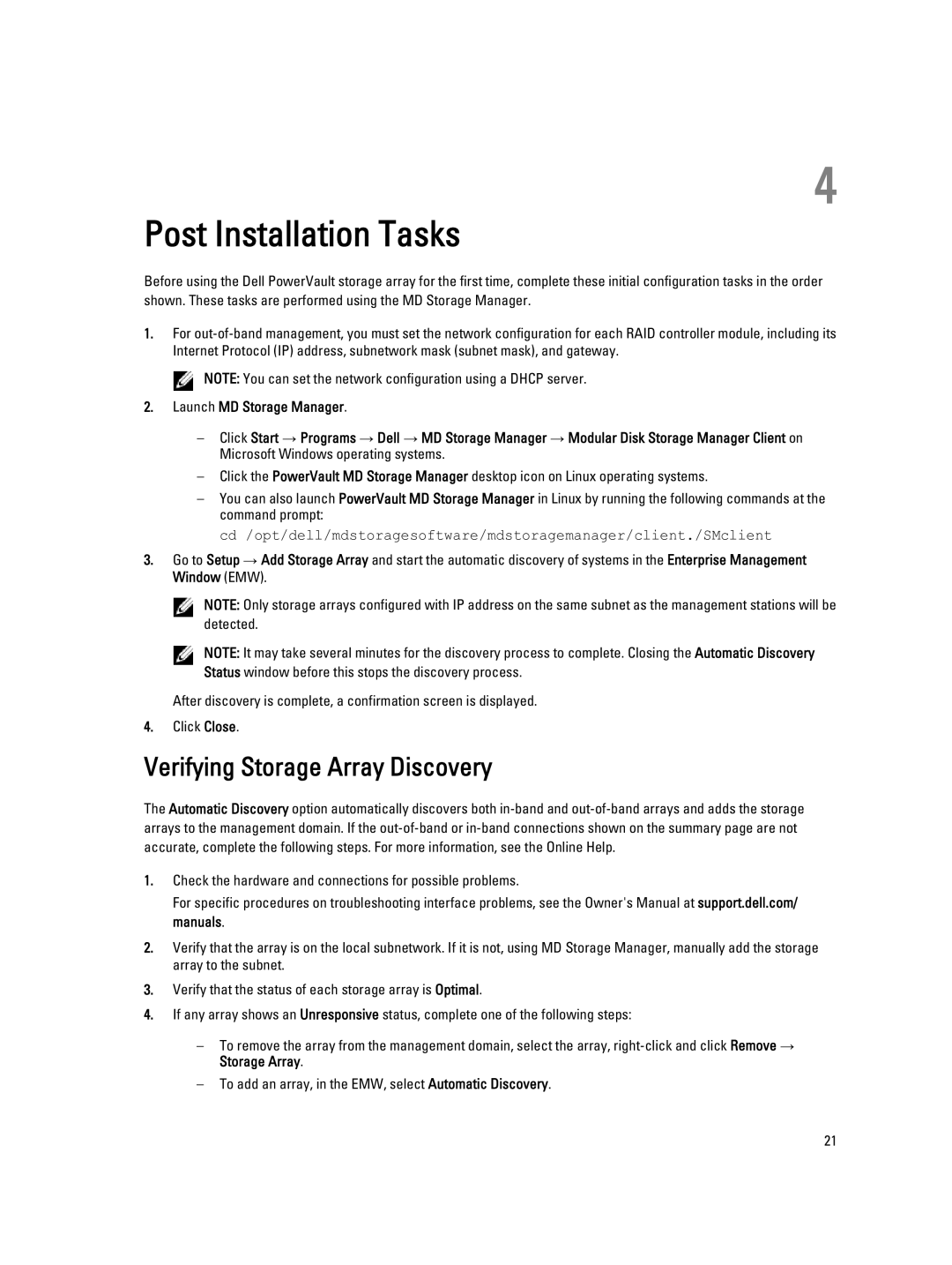 Dell MD3260 manual Post Installation Tasks, Verifying Storage Array Discovery 