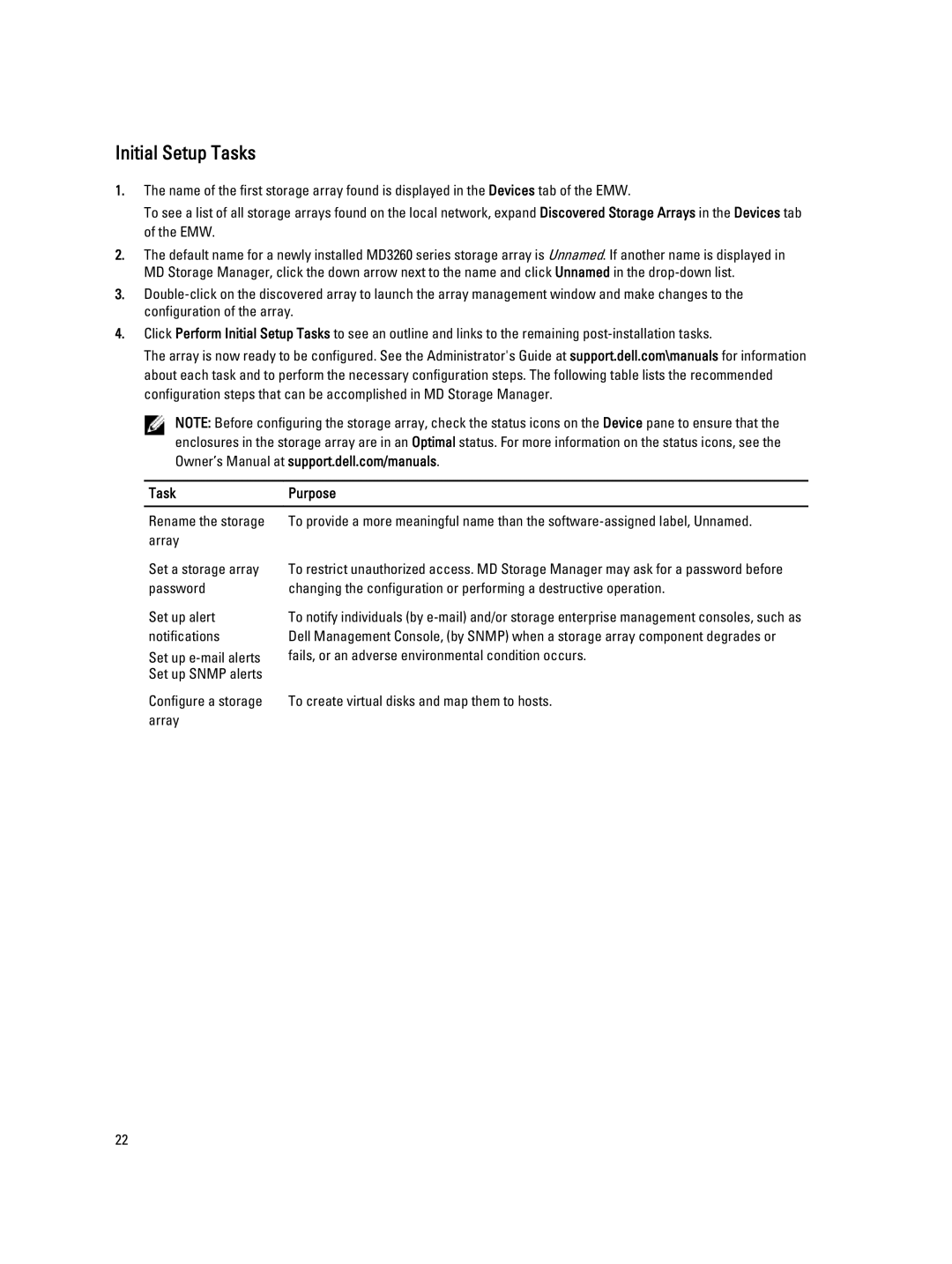 Dell MD3260 manual Initial Setup Tasks, Task Purpose 