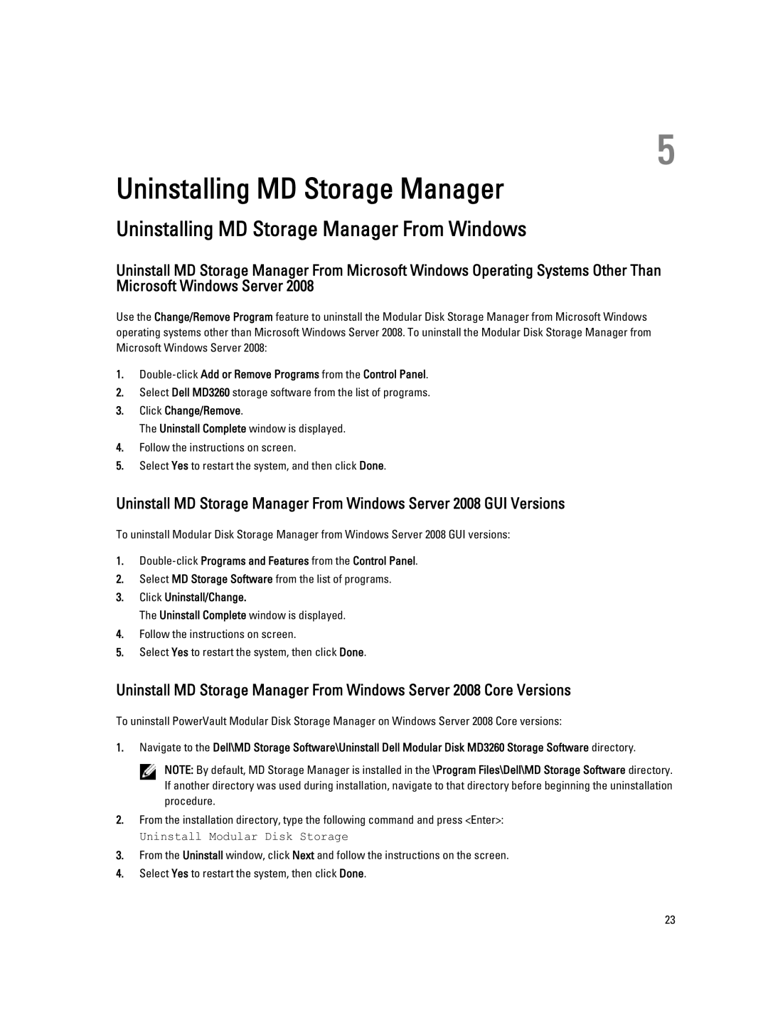 Dell MD3260 manual Uninstalling MD Storage Manager From Windows 