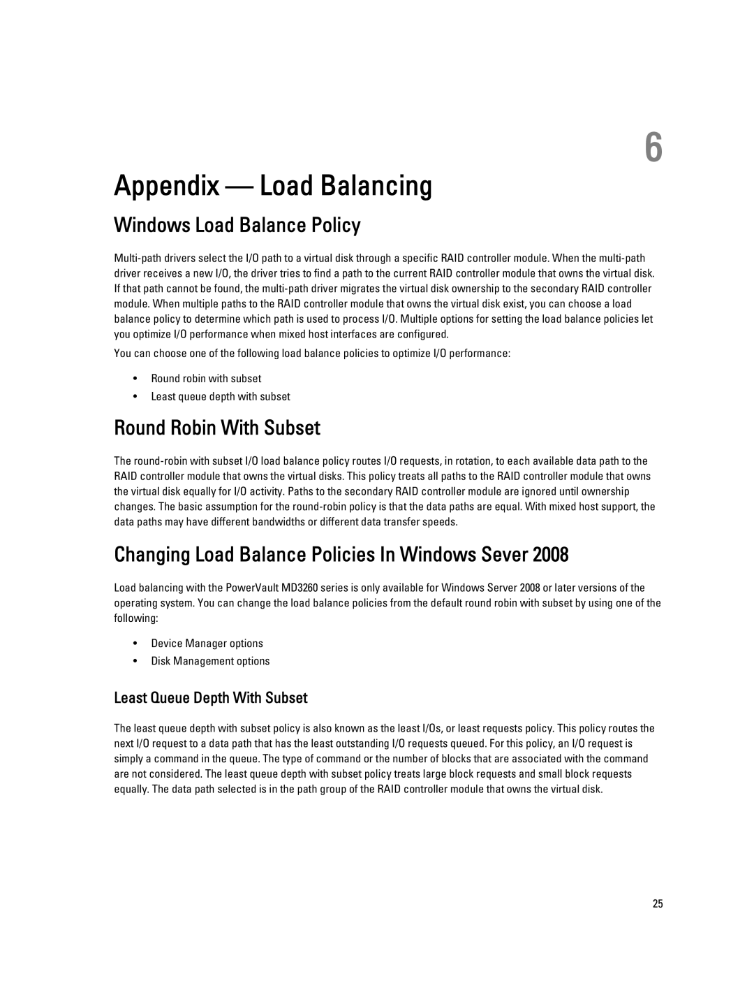 Dell MD3260 Appendix Load Balancing, Windows Load Balance Policy, Round Robin With Subset, Least Queue Depth With Subset 