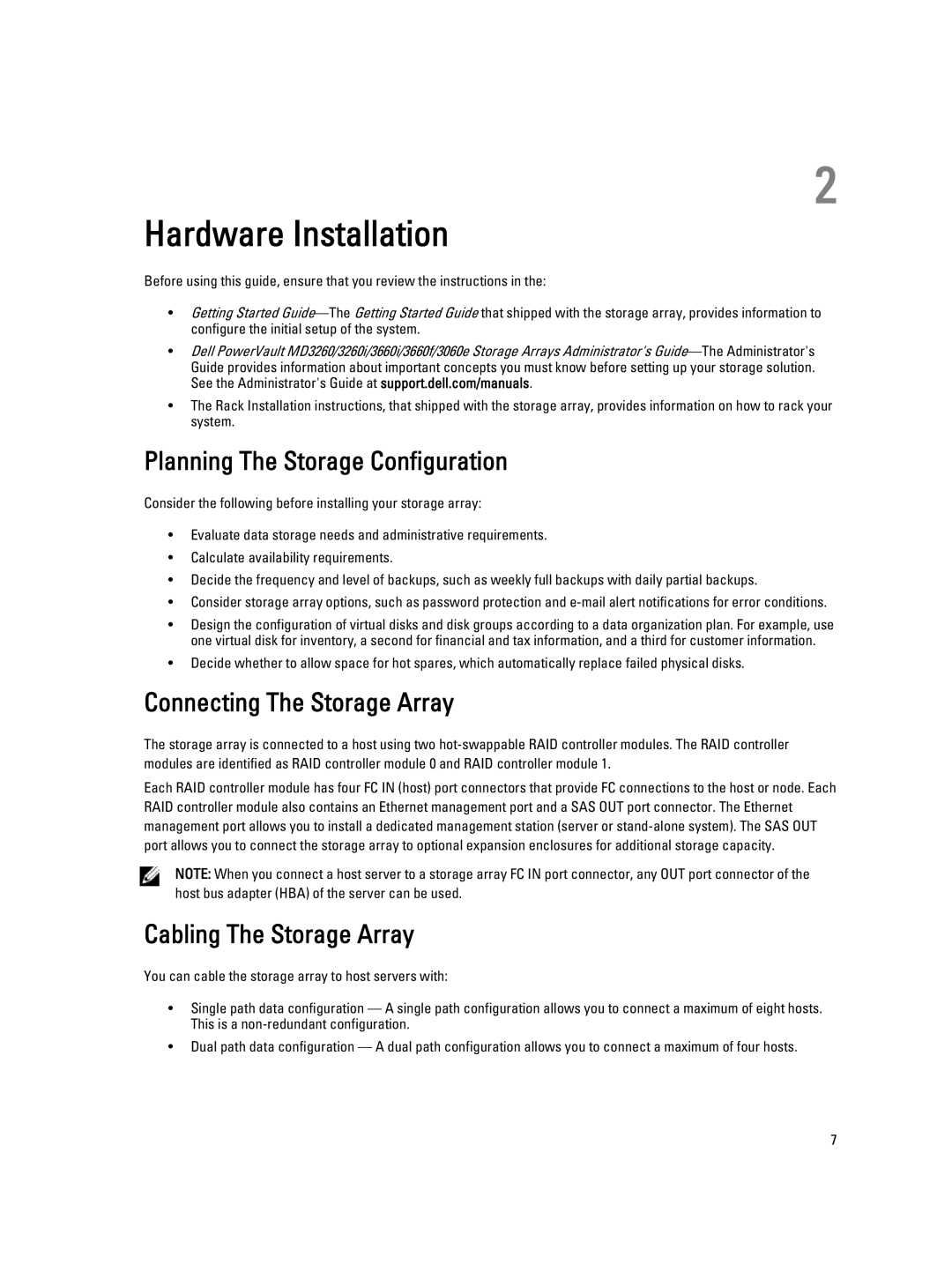 Dell MD3260 manual Hardware Installation, Planning The Storage Configuration, Connecting The Storage Array 