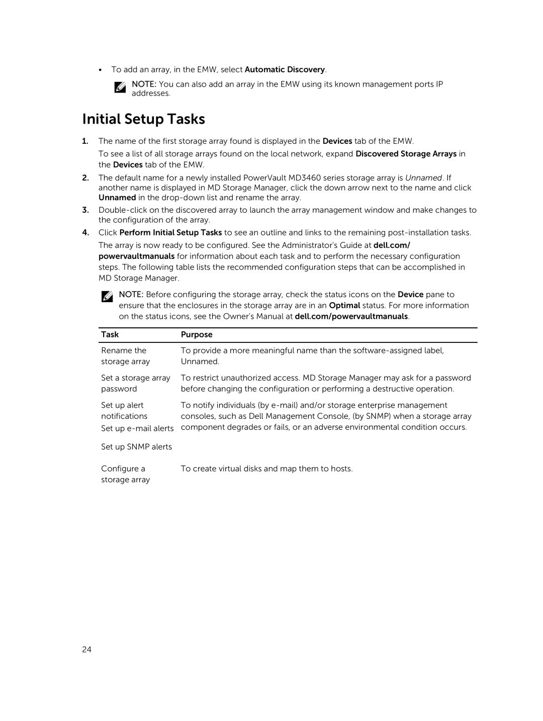 Dell MD3460 manual Initial Setup Tasks 