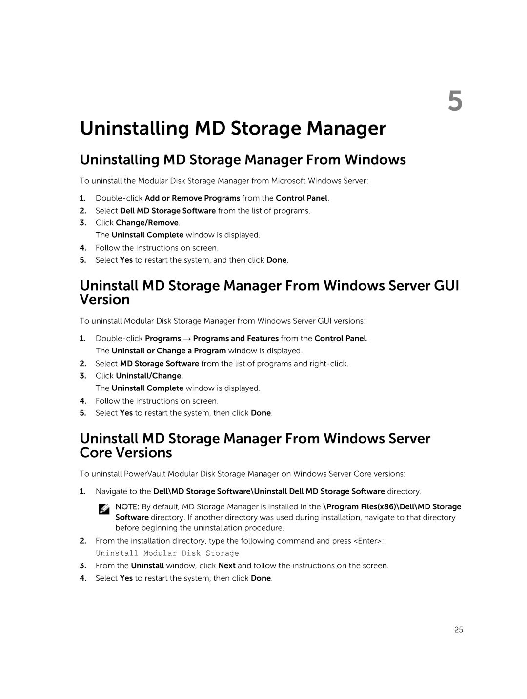 Dell MD3460 manual Uninstalling MD Storage Manager From Windows 