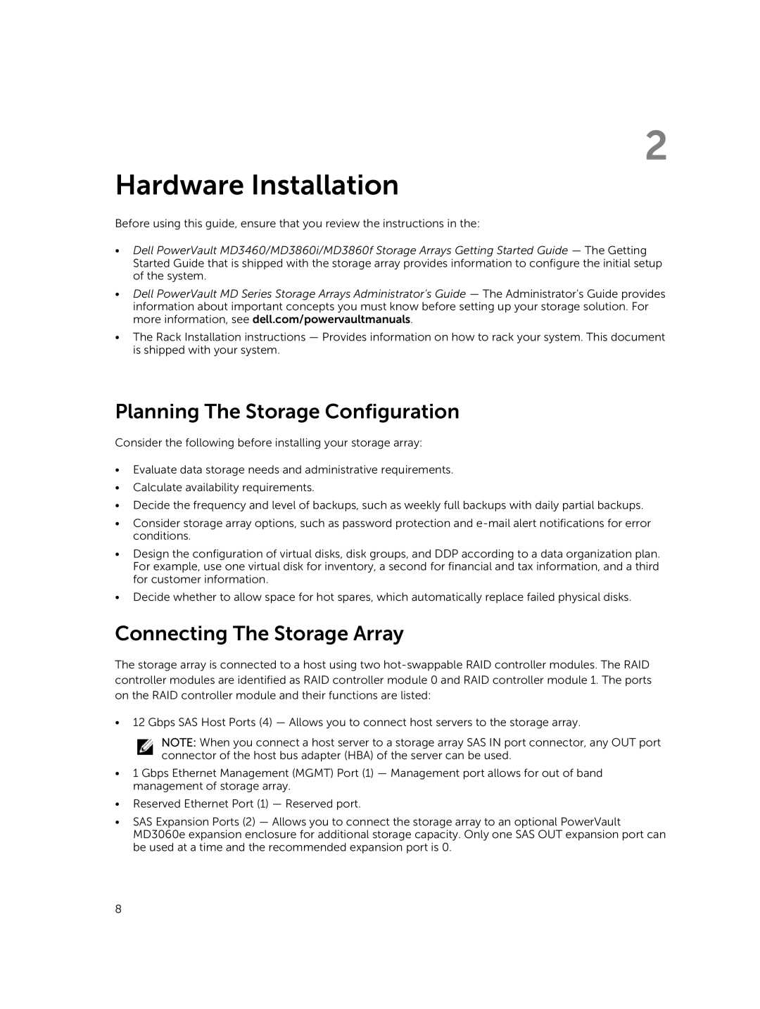 Dell MD3460 manual Hardware Installation, Planning The Storage Configuration, Connecting The Storage Array 