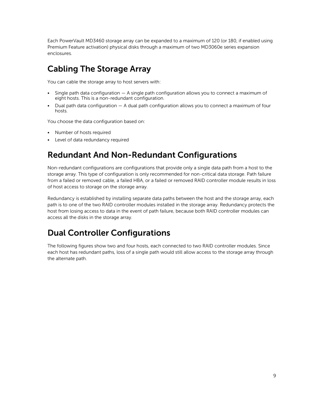 Dell MD3460 manual Cabling The Storage Array, Redundant And Non-Redundant Configurations, Dual Controller Configurations 