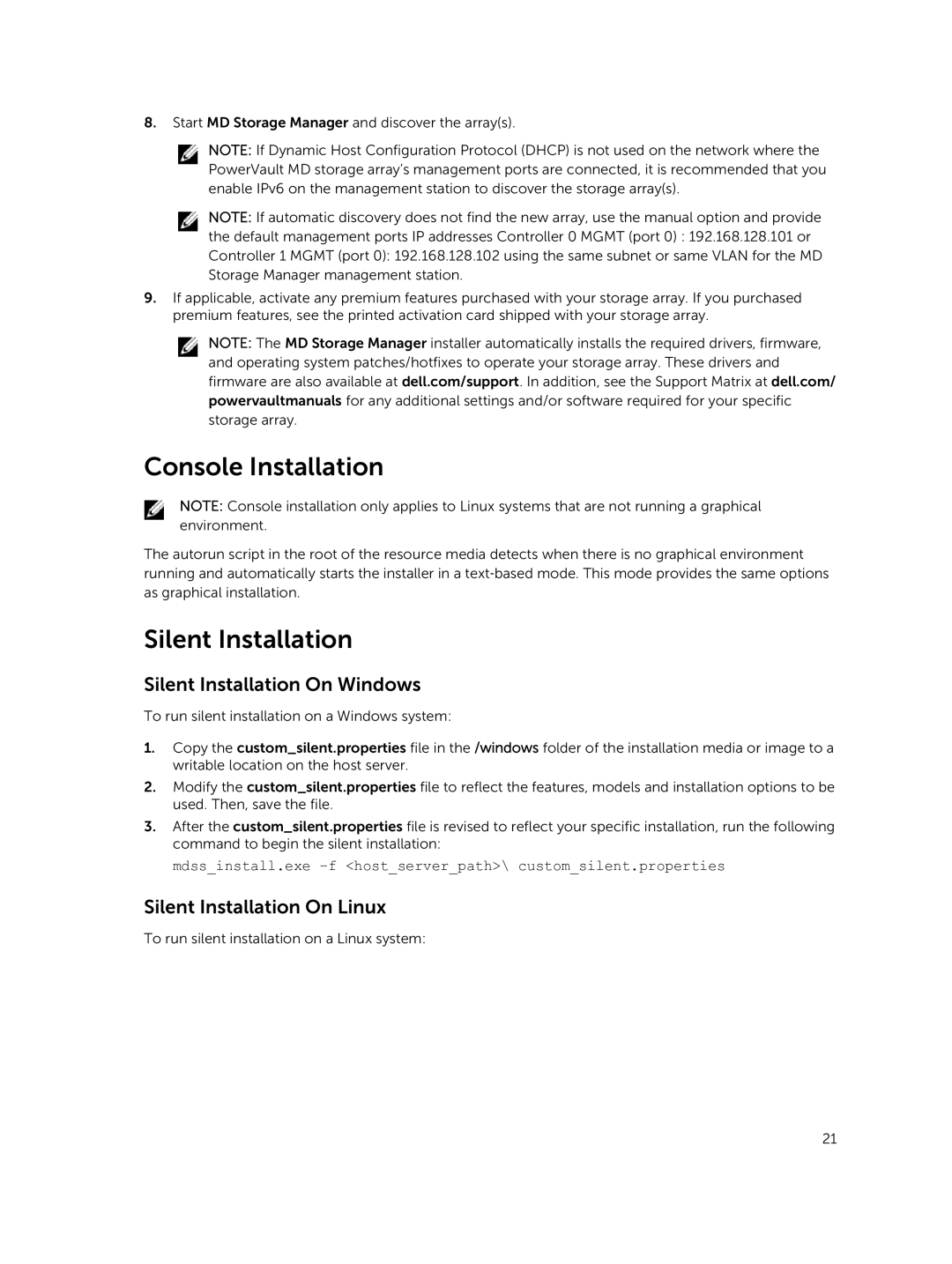 Dell MD3460 manual Console Installation, Silent Installation On Windows, Silent Installation On Linux 