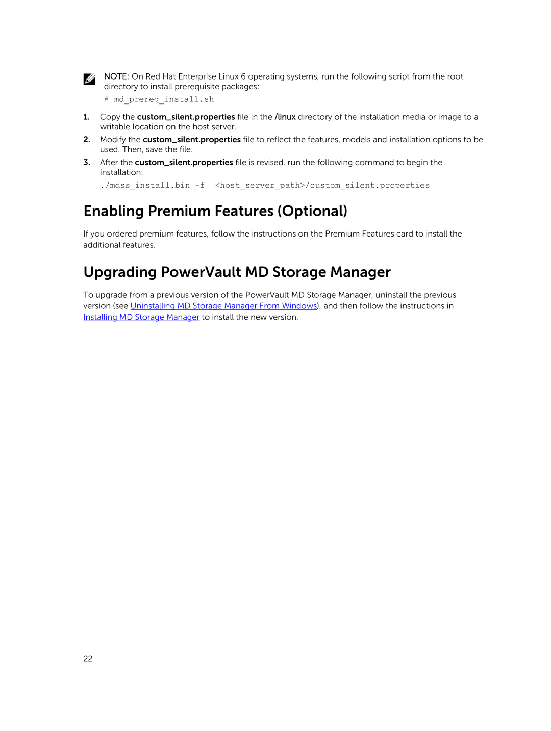 Dell MD3460 manual Enabling Premium Features Optional, Upgrading PowerVault MD Storage Manager 