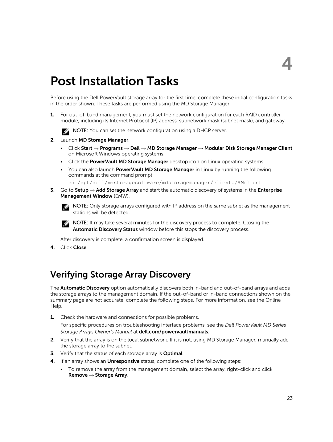 Dell MD3460 manual Post Installation Tasks, Verifying Storage Array Discovery 