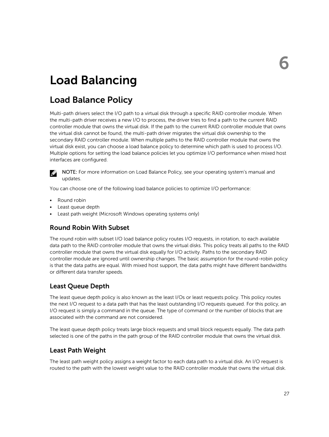 Dell MD3460 manual Load Balancing, Load Balance Policy, Round Robin With Subset, Least Queue Depth, Least Path Weight 