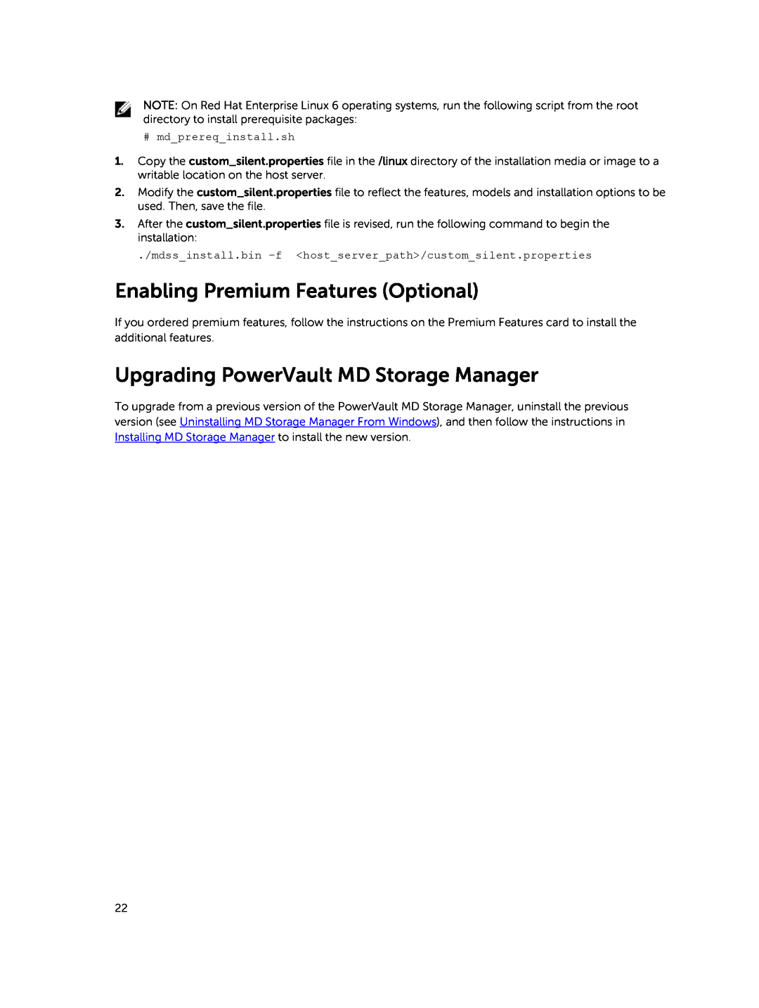 Dell MD3460 manual Enabling Premium Features Optional, Upgrading PowerVault MD Storage Manager, # mdprereqinstall.sh 