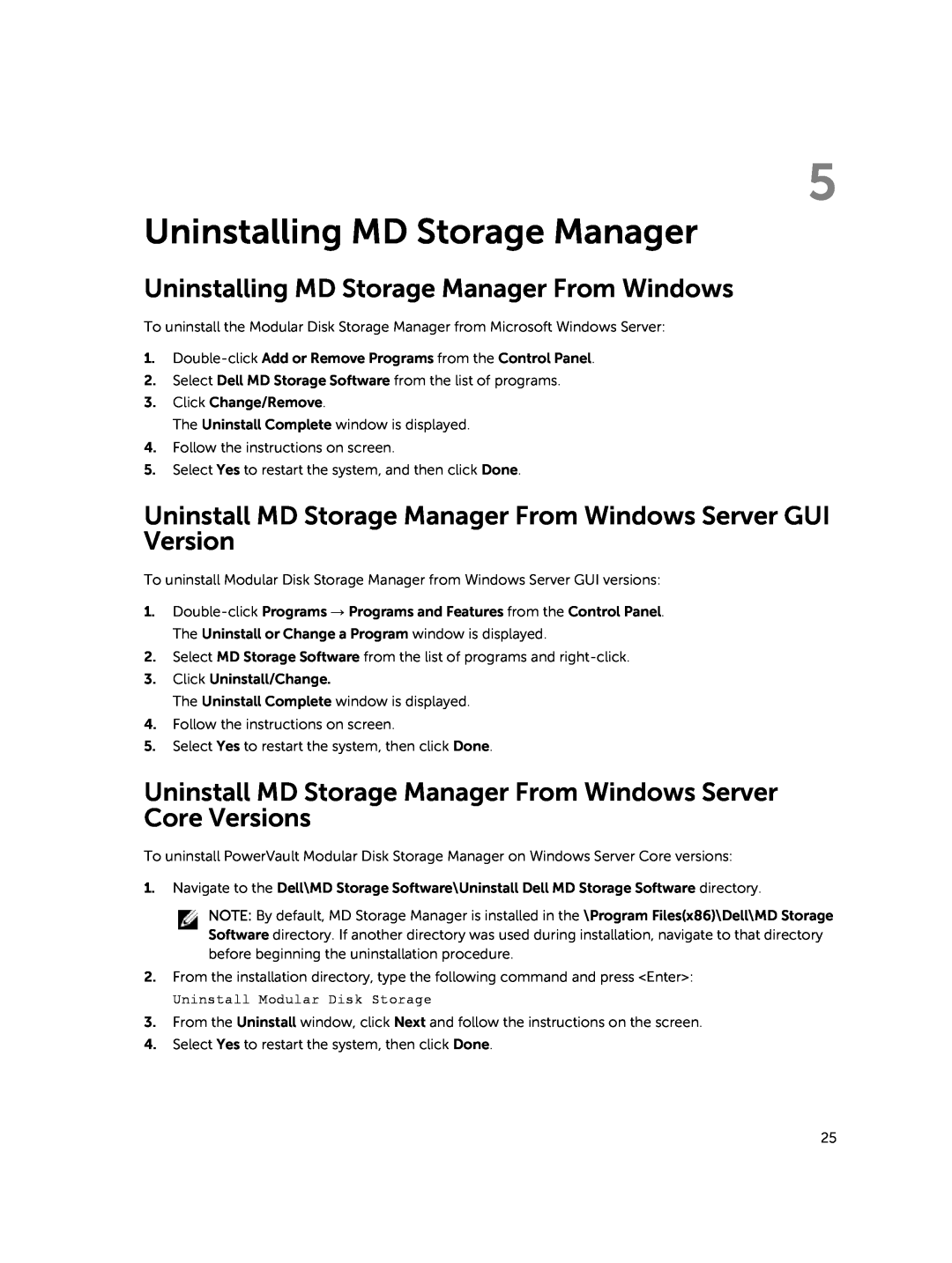 Dell MD3460 Uninstalling MD Storage Manager From Windows, Uninstall MD Storage Manager From Windows Server GUI Version 