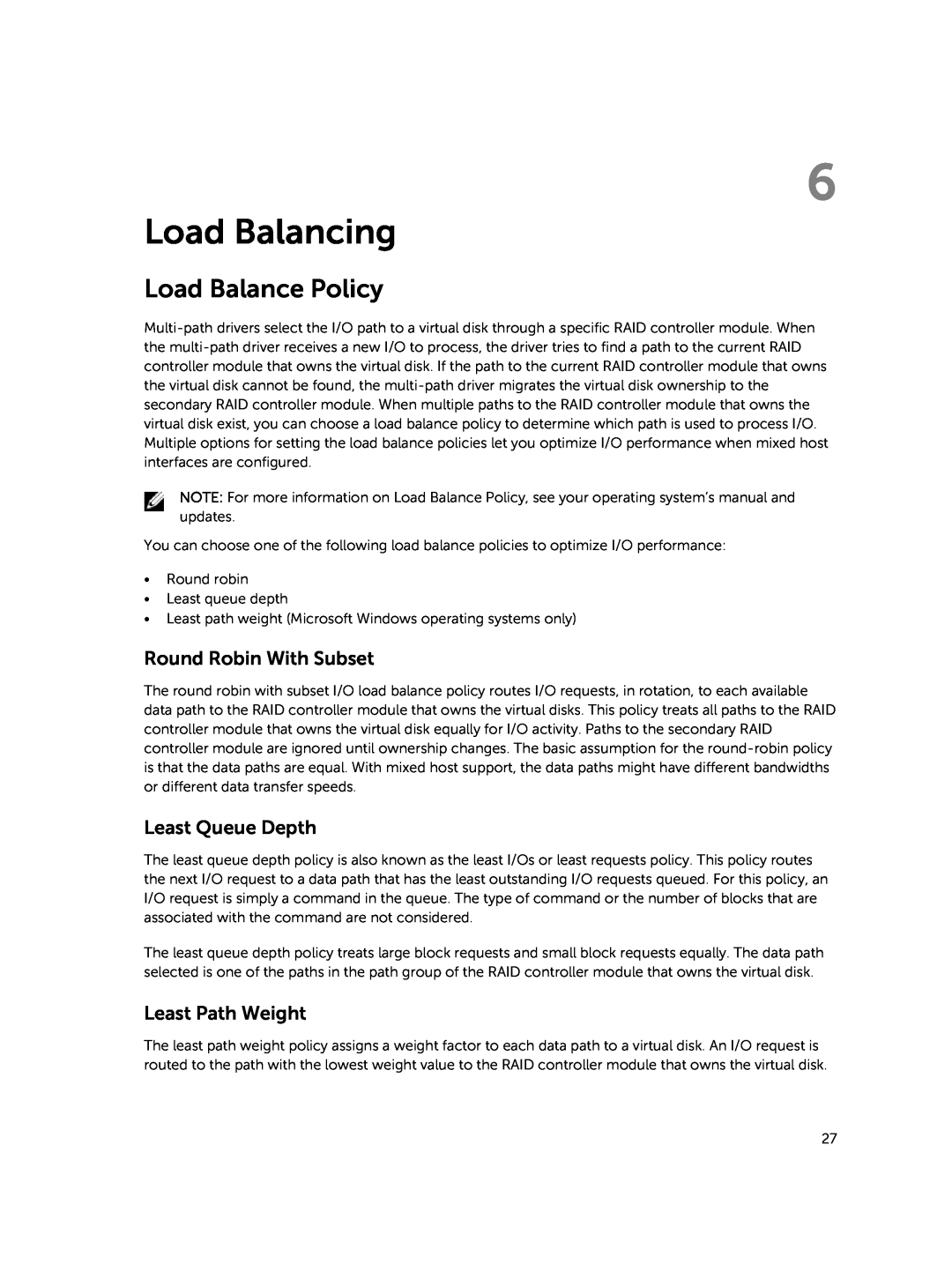 Dell MD3460 manual Load Balancing, Load Balance Policy, Round Robin With Subset, Least Queue Depth, Least Path Weight 