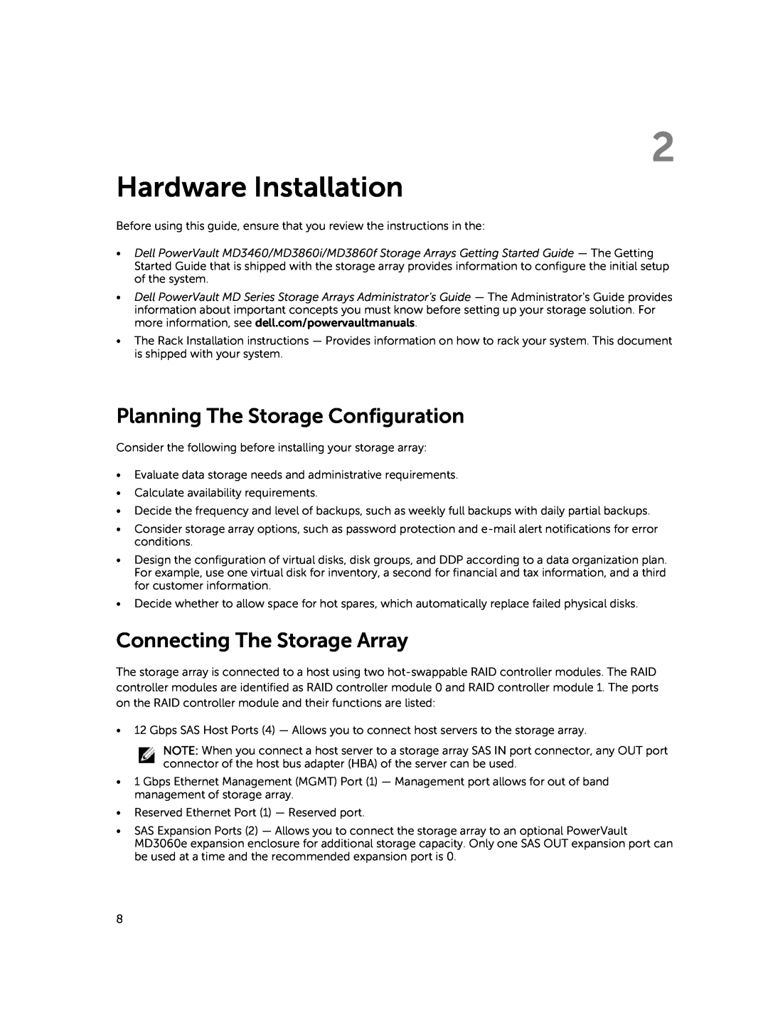 Dell MD3460 manual Hardware Installation, Planning The Storage Configuration, Connecting The Storage Array 