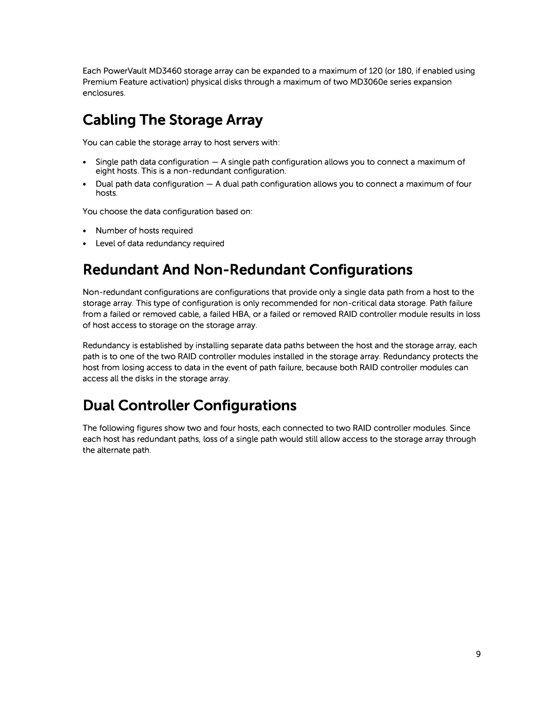Dell MD3460 manual Cabling The Storage Array, Redundant And Non-Redundant Configurations, Dual Controller Configurations 