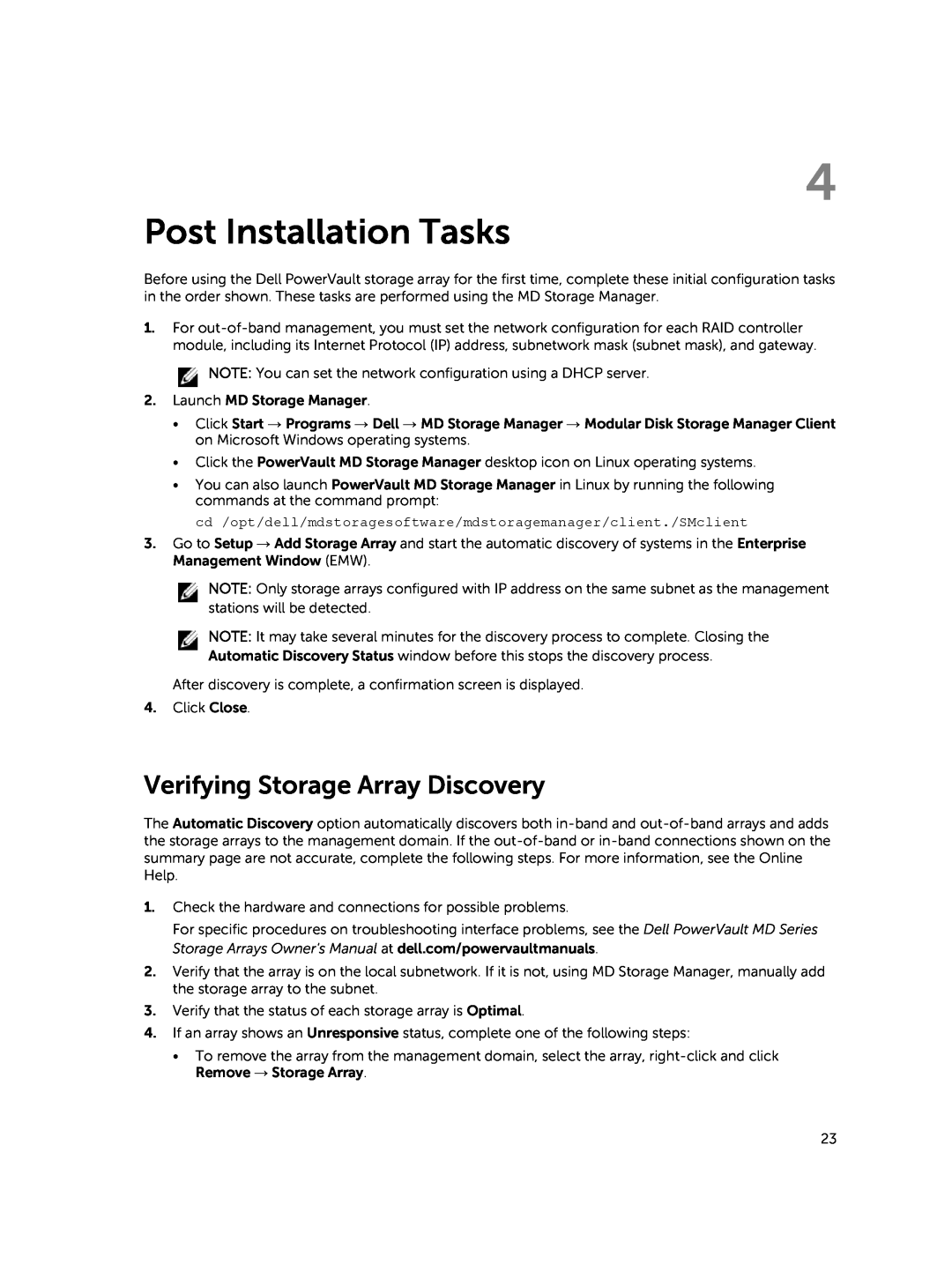Dell MD3460 manual Post Installation Tasks, Verifying Storage Array Discovery 