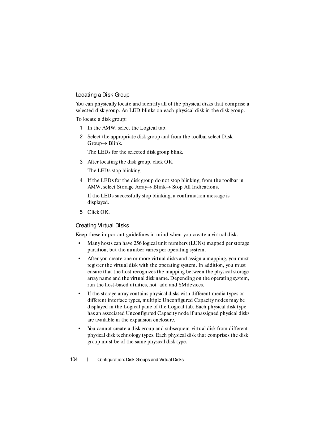 Dell MD3600f, MD3620F owner manual Locating a Disk Group, Creating Virtual Disks, 104 