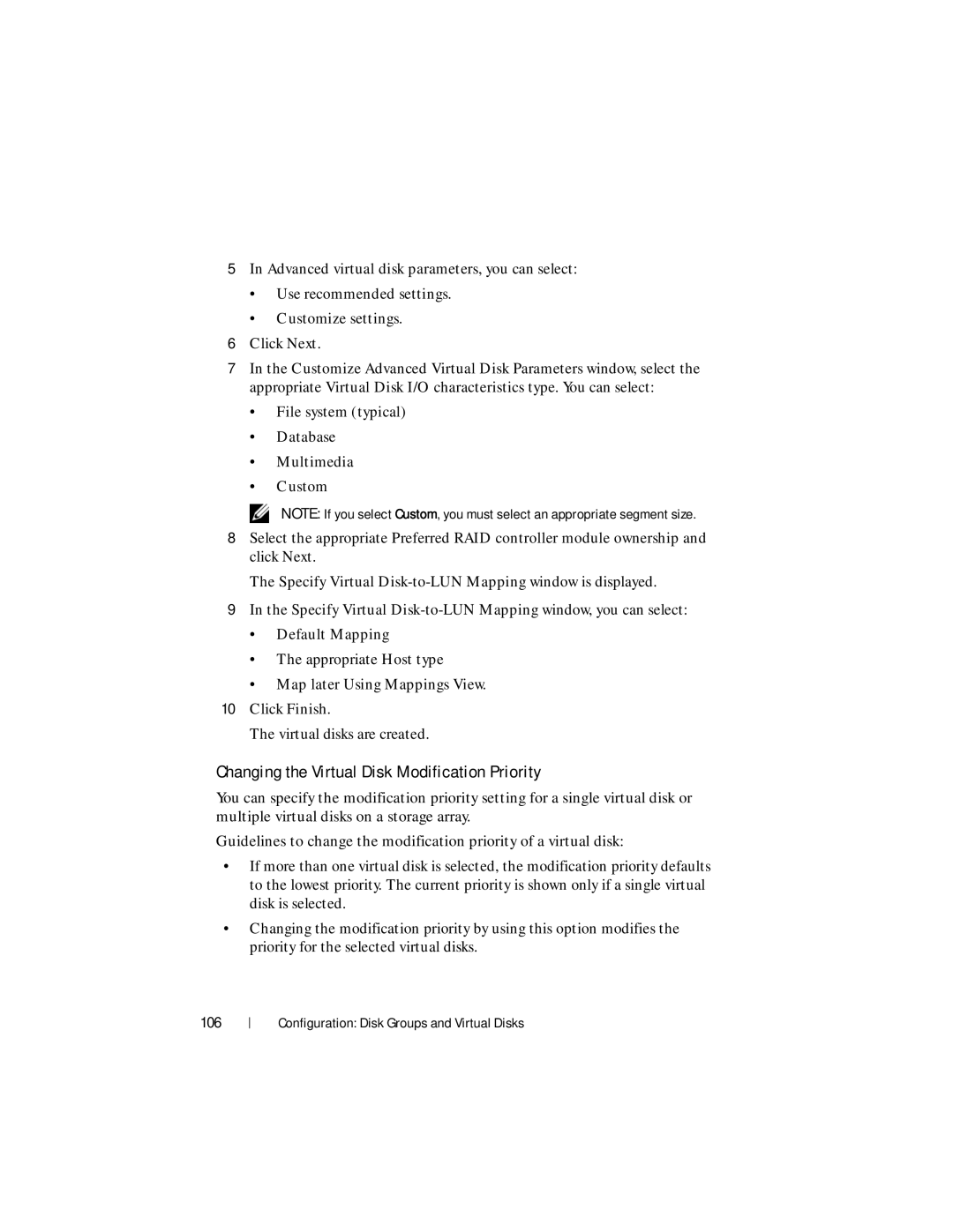 Dell MD3600f, MD3620F owner manual Changing the Virtual Disk Modification Priority, Map later Using Mappings View, 106 