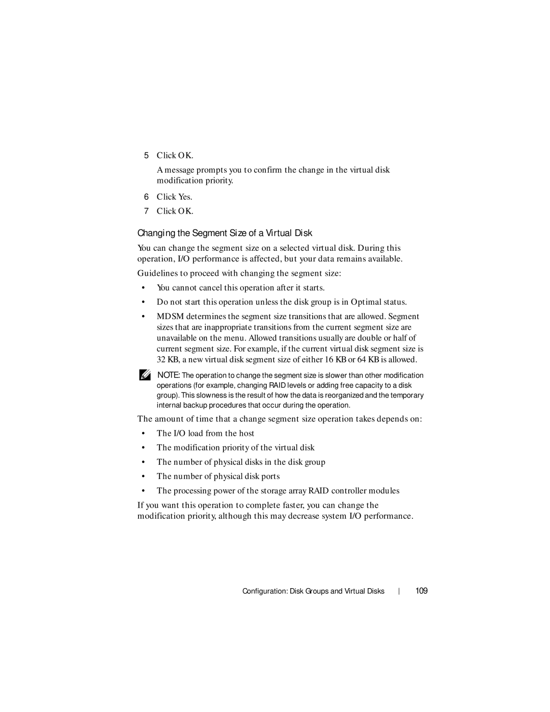 Dell MD3620F, MD3600f owner manual Changing the Segment Size of a Virtual Disk, 109 