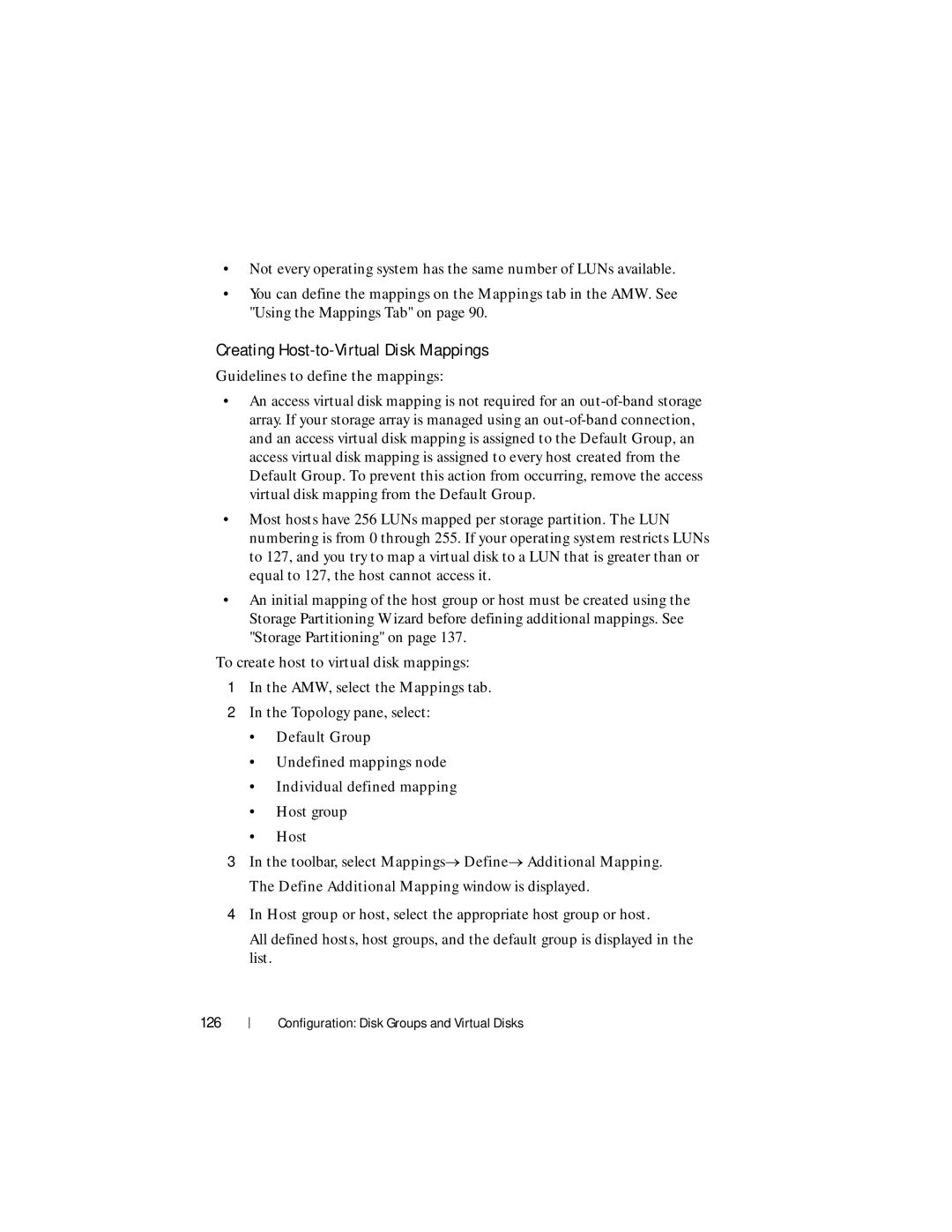 Dell MD3600f, MD3620F owner manual Creating Host-to-Virtual Disk Mappings, 126 