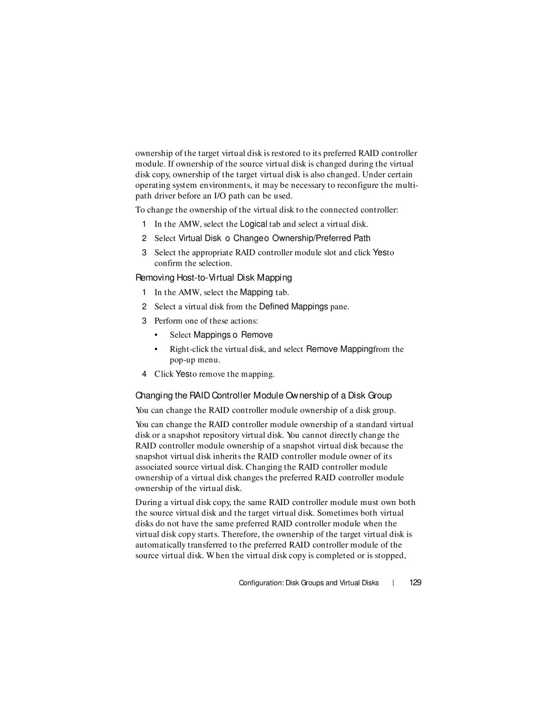 Dell MD3620F, MD3600f Removing Host-to-Virtual Disk Mapping, Select Virtual Disk→ Change→ Ownership/Preferred Path, 129 
