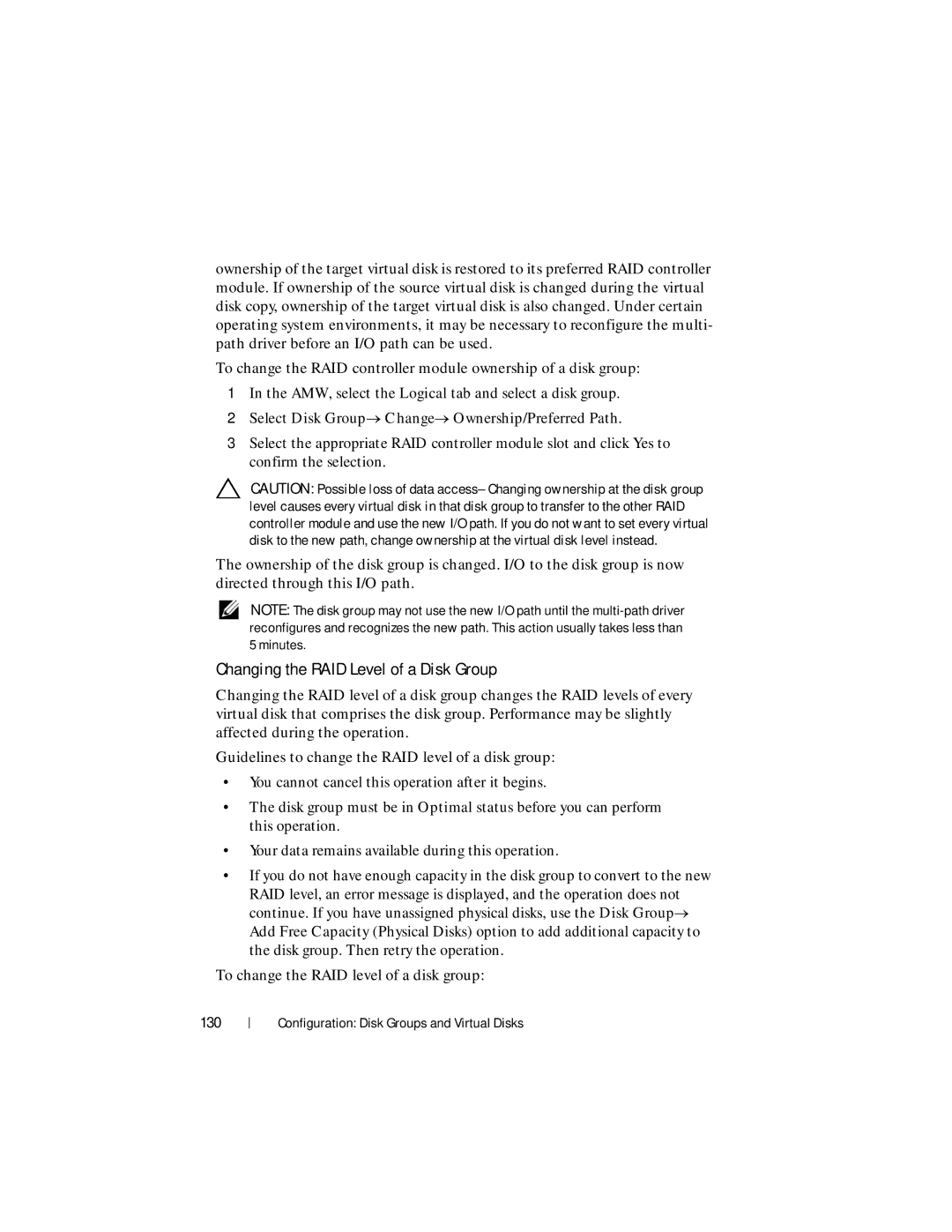 Dell MD3600f, MD3620F Changing the RAID Level of a Disk Group, Select Disk Group→ Change→ Ownership/Preferred Path, 130 