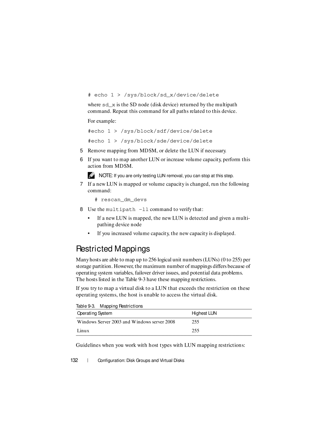 Dell MD3600f, MD3620F owner manual Restricted Mappings, 132, Mapping Restrictions Operating System Highest LUN 