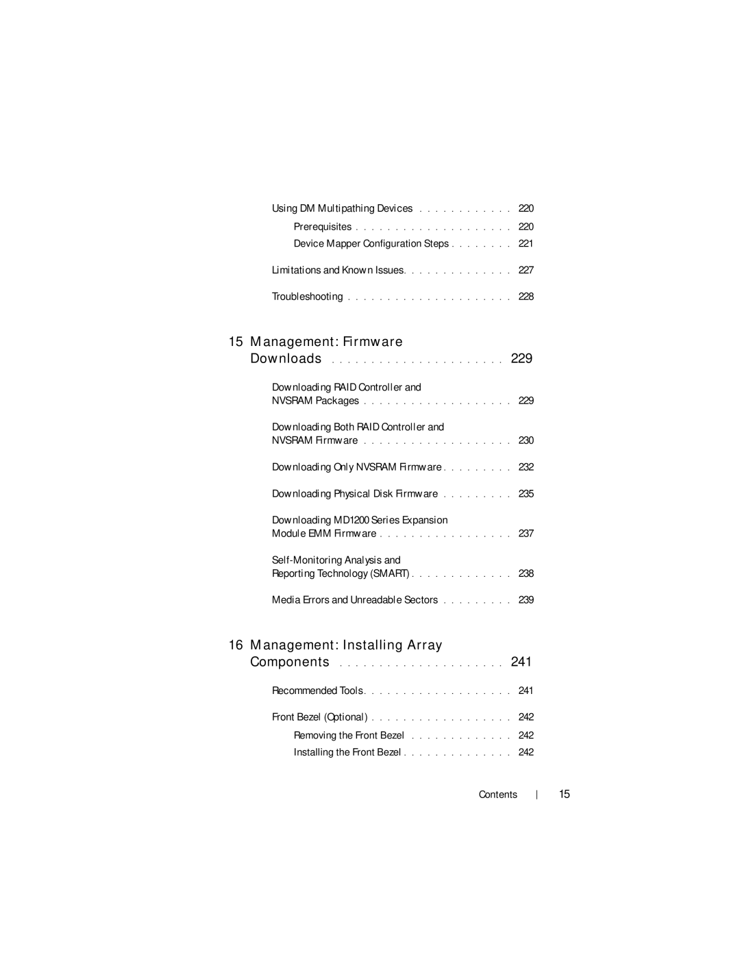 Dell MD3620F, MD3600f owner manual Using DM Multipathing Devices 220, 228, Downloading RAID Controller, 229, 241, 242 