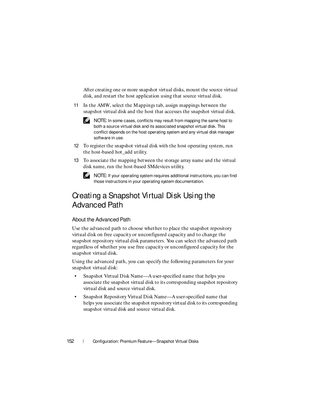 Dell MD3600f, MD3620F owner manual Creating a Snapshot Virtual Disk Using the Advanced Path, About the Advanced Path, 152 