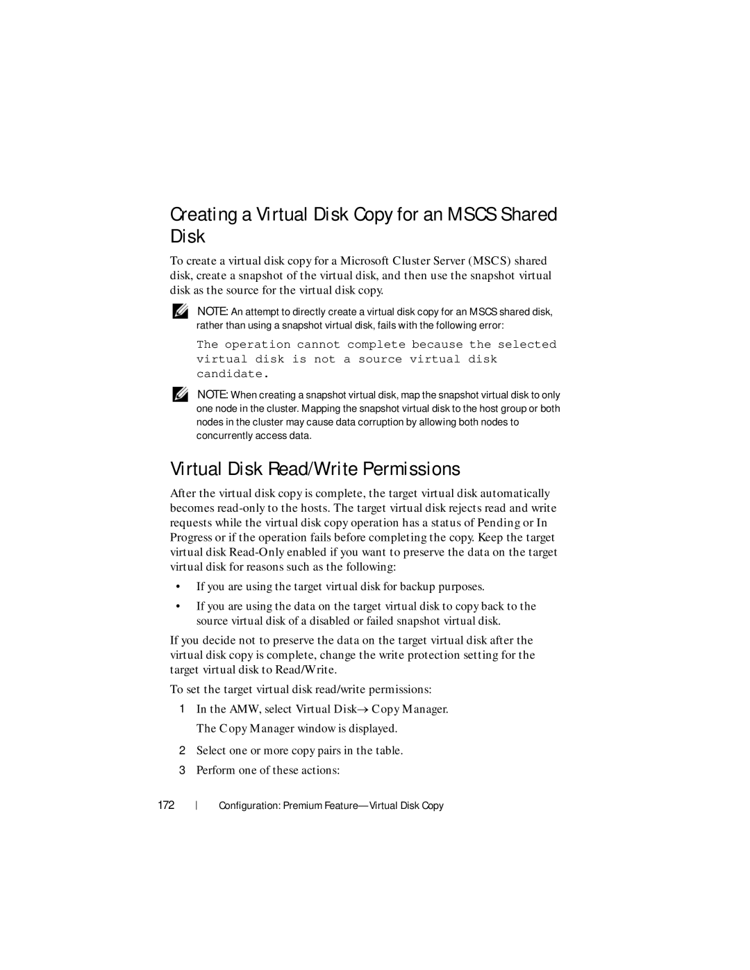 Dell MD3600f, MD3620F Creating a Virtual Disk Copy for an Mscs Shared Disk, Virtual Disk Read/Write Permissions, 172 