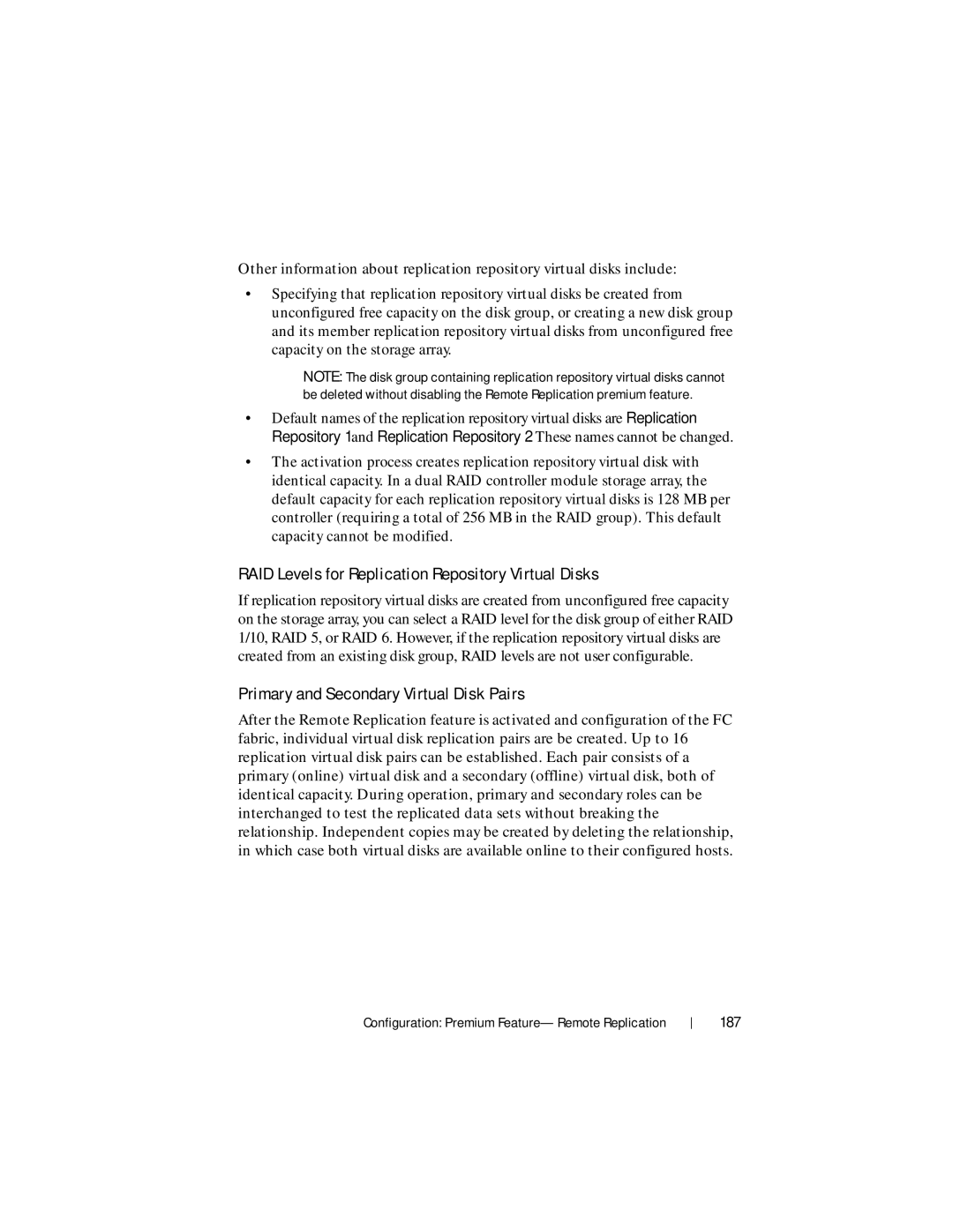 Dell MD3620F, MD3600f RAID Levels for Replication Repository Virtual Disks, Primary and Secondary Virtual Disk Pairs, 187 