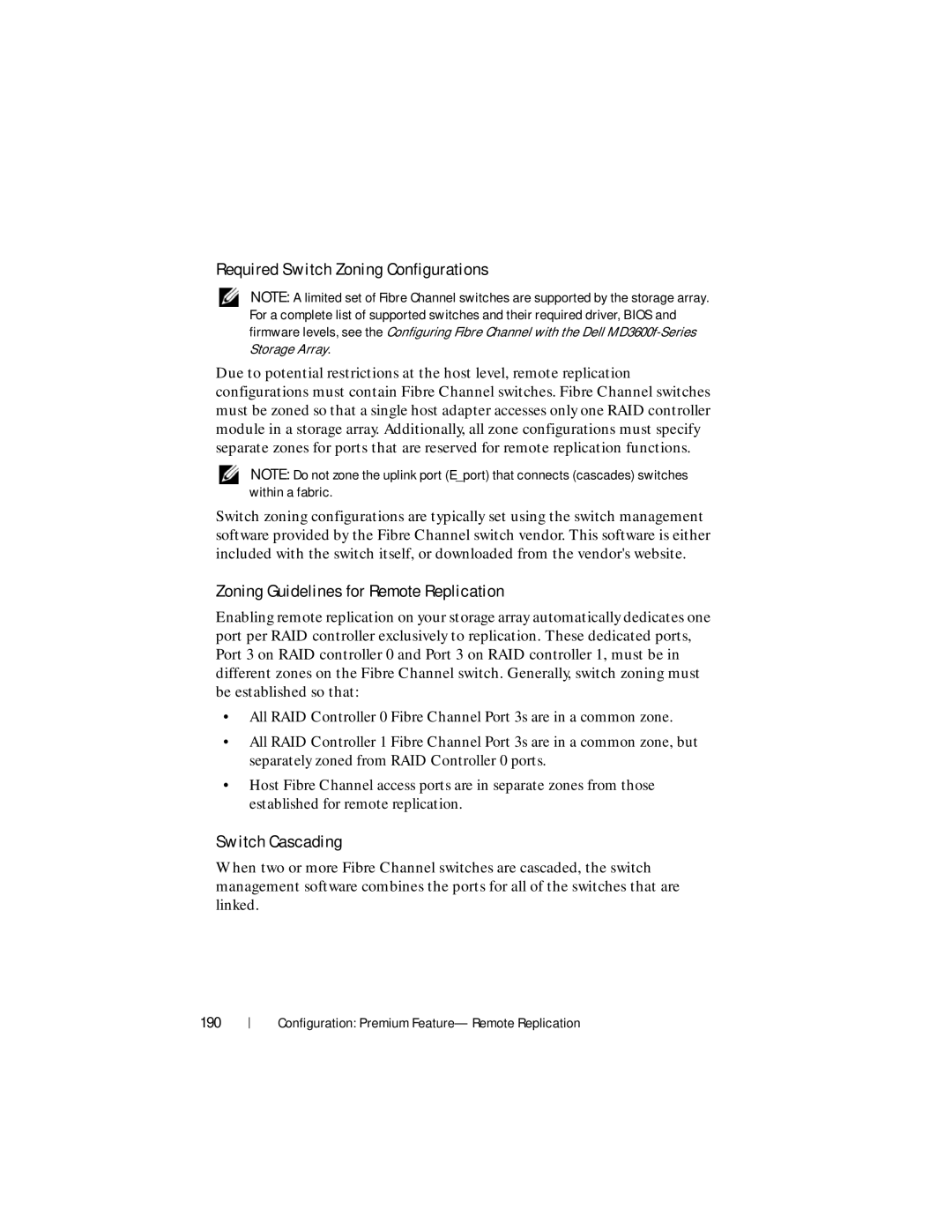 Dell MD3600f Required Switch Zoning Configurations, Zoning Guidelines for Remote Replication, Switch Cascading, 190 