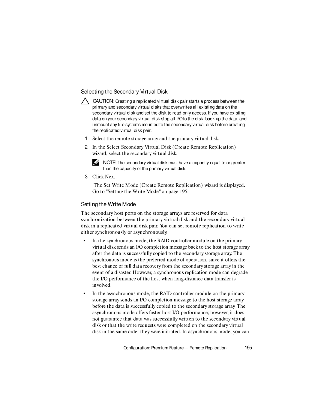 Dell MD3620F, MD3600f owner manual Selecting the Secondary Virtual Disk, Setting the Write Mode, 195 