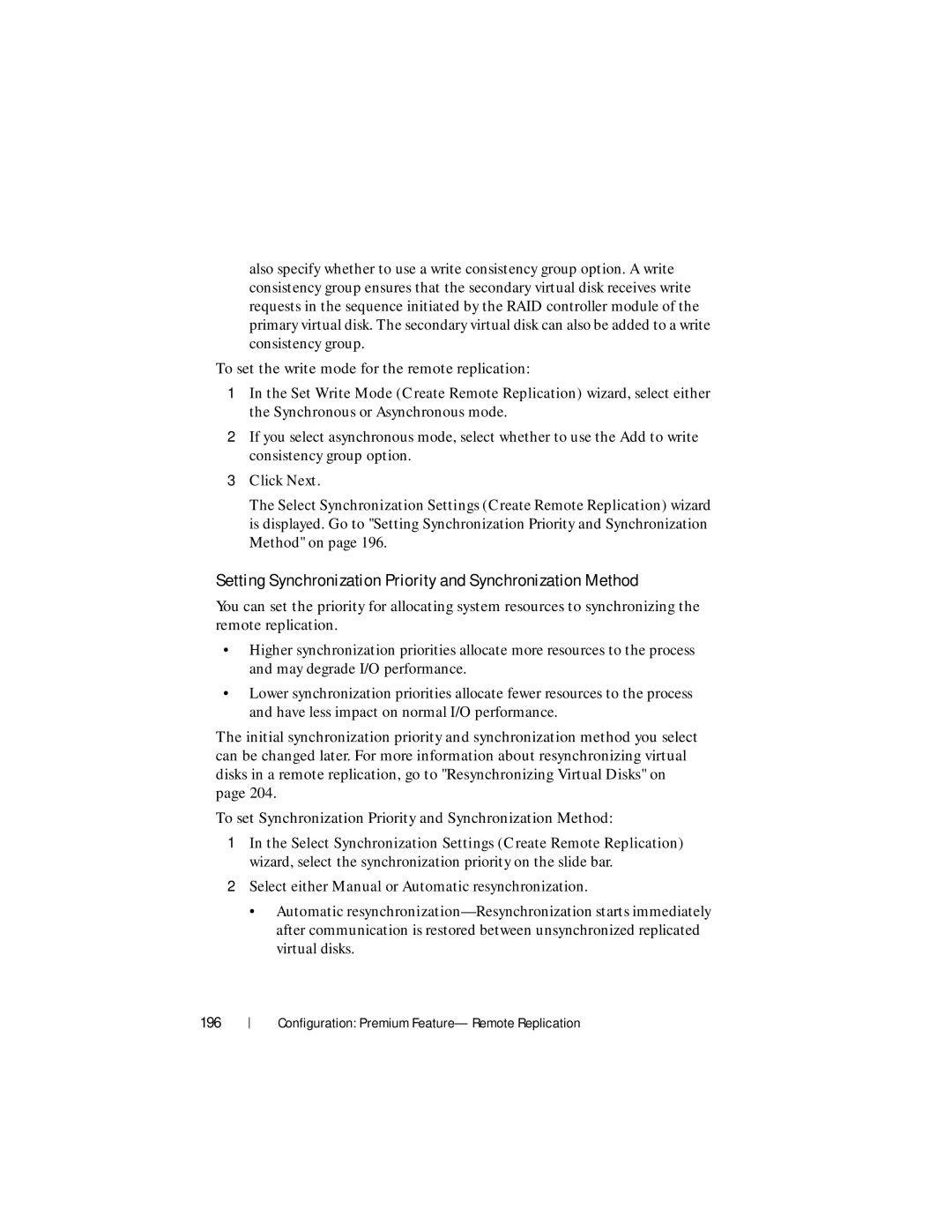 Dell MD3600f, MD3620F owner manual Setting Synchronization Priority and Synchronization Method, 196 